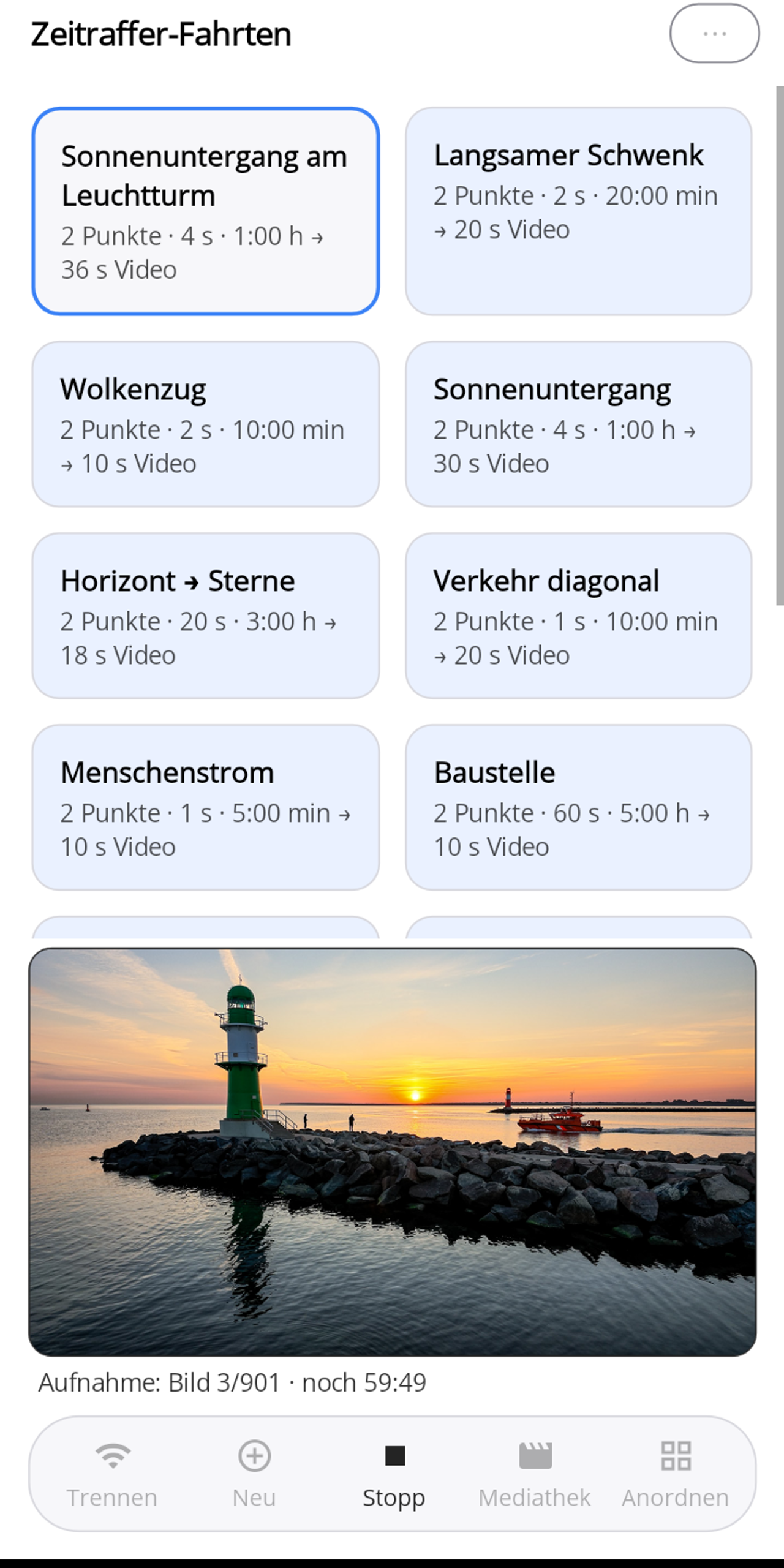 Lapset-Startseite während eines laufenden Zeitraffers: unter dem Livebild die Statuszeile „Aufnahme: Bild 3/901 · noch 59:49", in der Fußleiste ist nur „Stopp" aktiv.