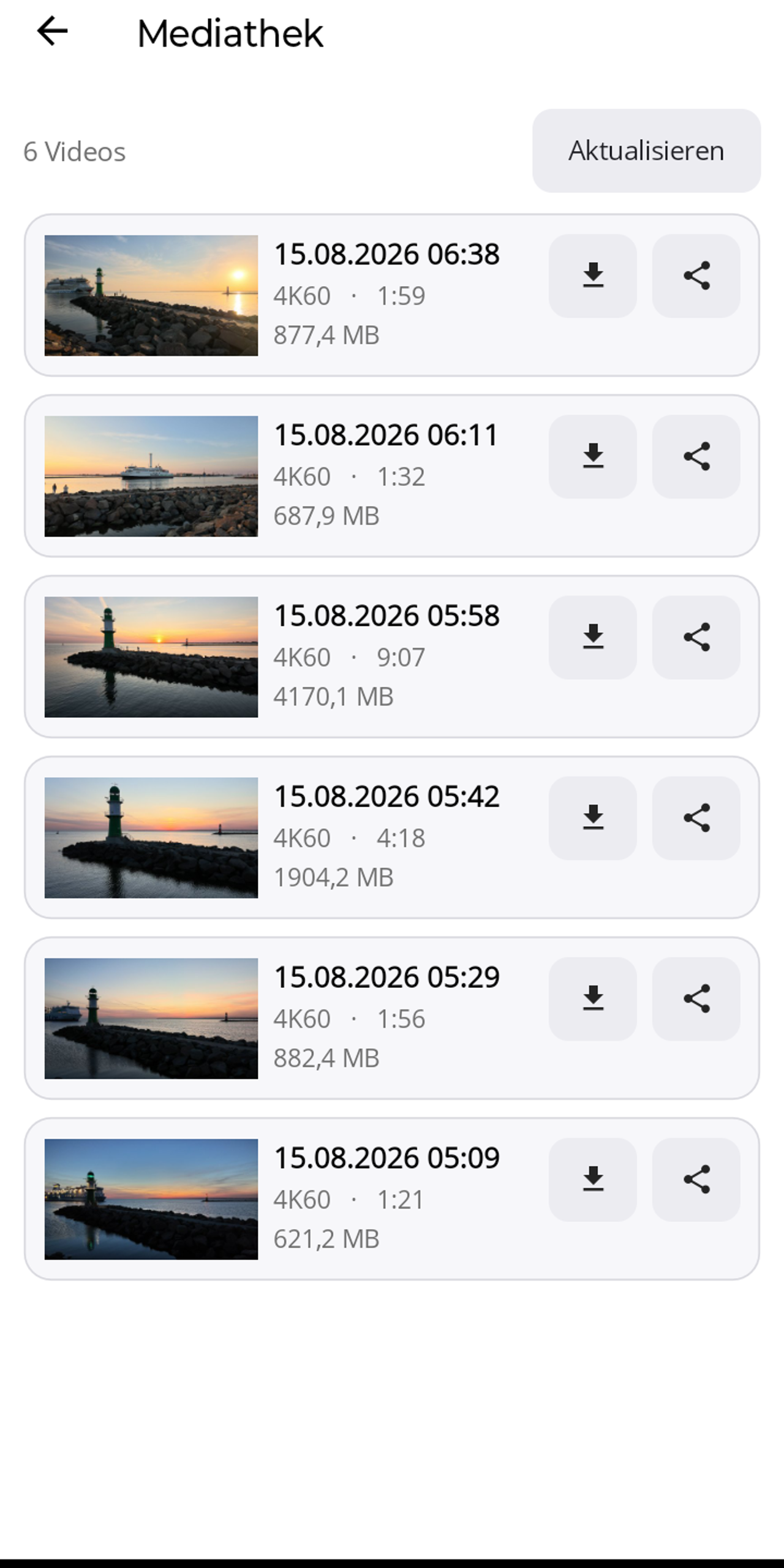 Die Lapset-Mediathek listet sechs Videos mit Vorschaubild, Datum, Auflösung 4K60, Länge und Größe, jeweils mit Knöpfen zum Sichern und Teilen; oben rechts „Aktualisieren".