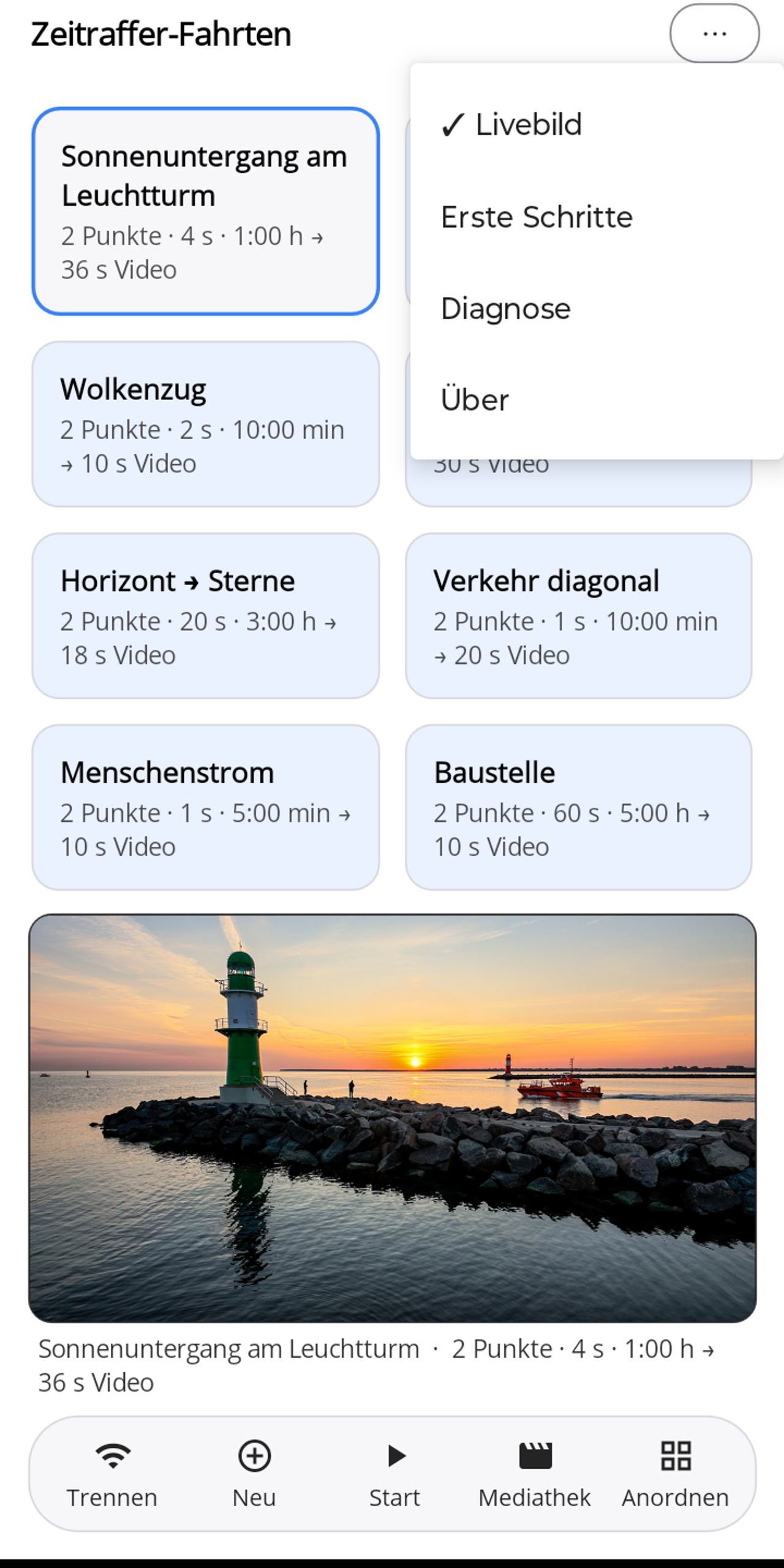 Das geöffnete ⋯-Menü von Lapset mit den Einträgen Livebild (angehakt), Erste Schritte, Diagnose und Über.