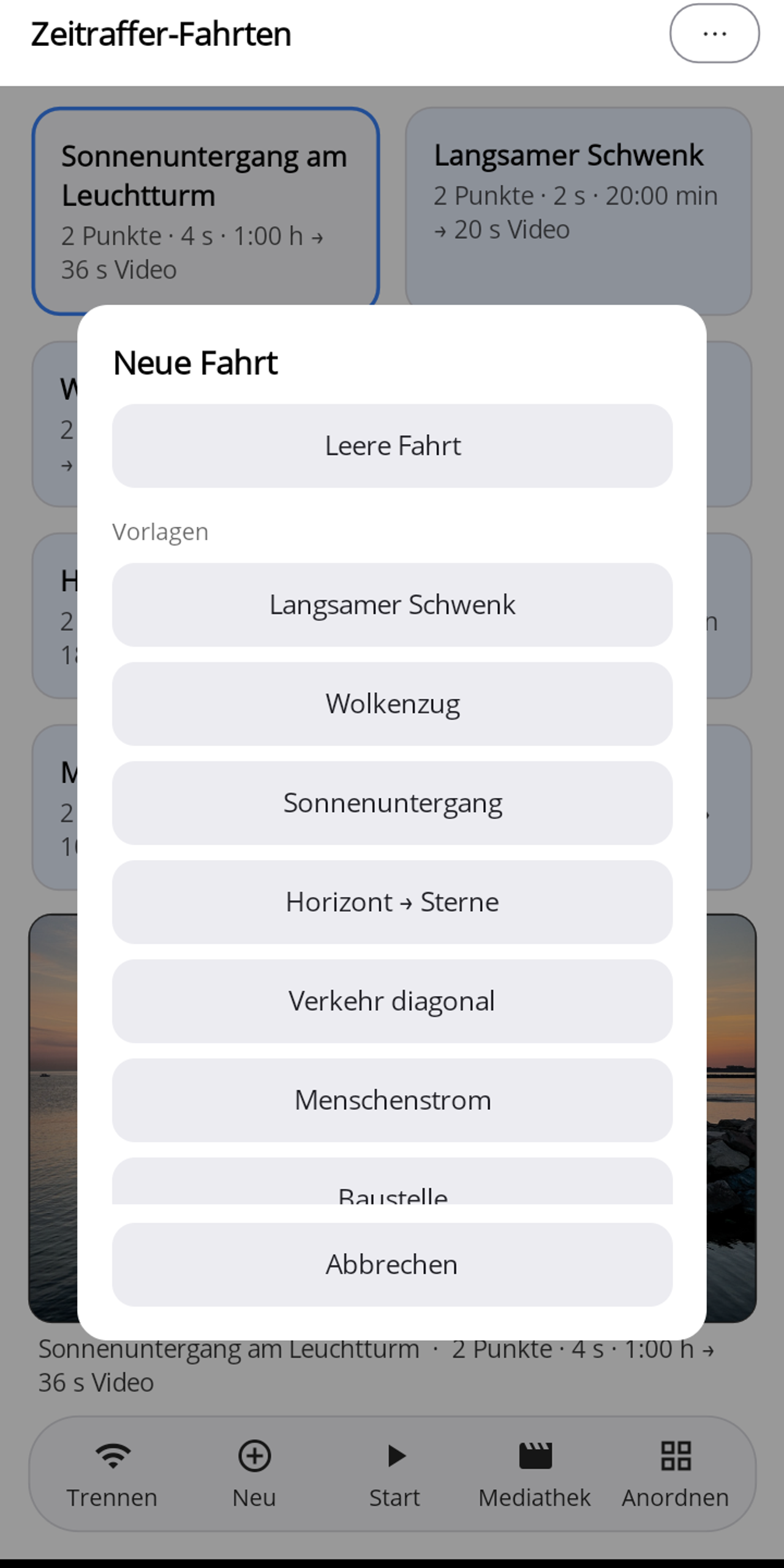 Der Dialog „Neue Fahrt" in Lapset mit „Leere Fahrt" und darunter den Vorlagen Langsamer Schwenk, Wolkenzug, Sonnenuntergang, Horizont → Sterne, Verkehr diagonal, Menschenstrom und Baustelle.
