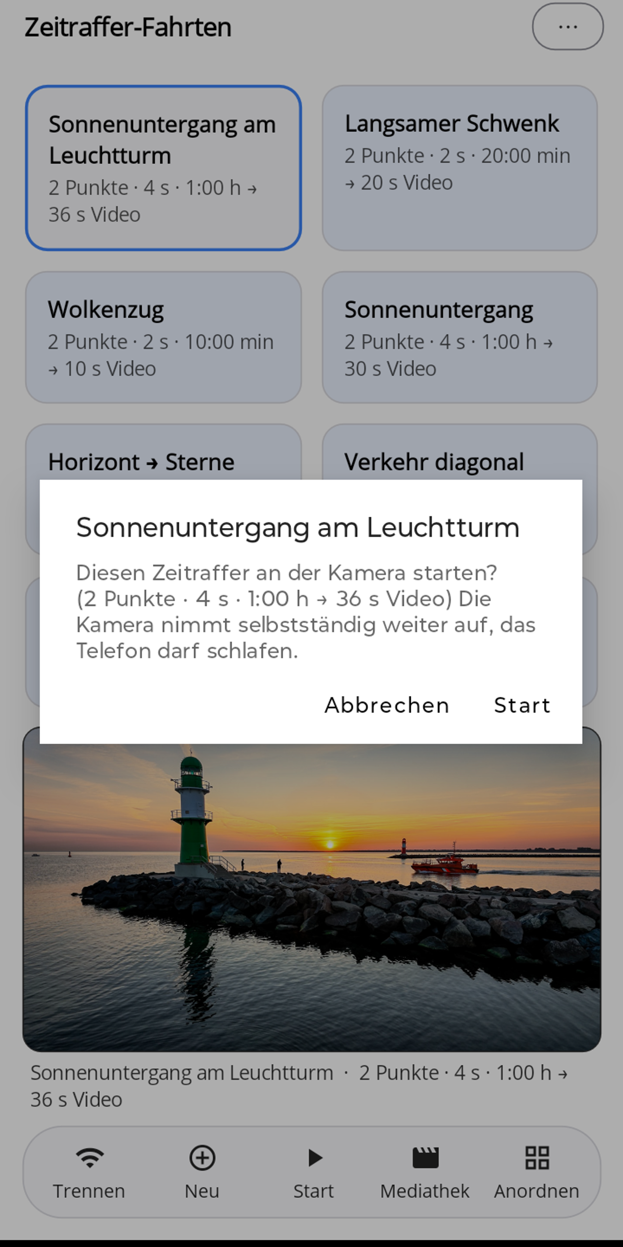 Lapset-Abfrage „Sonnenuntergang am Leuchtturm: Diesen Zeitraffer an der Kamera starten? (2 Punkte · 4 s · 1:00 h → 36 s Video) Die Kamera nimmt selbstständig weiter auf, das Telefon darf schlafen." mit den Knöpfen Abbrechen und Start.