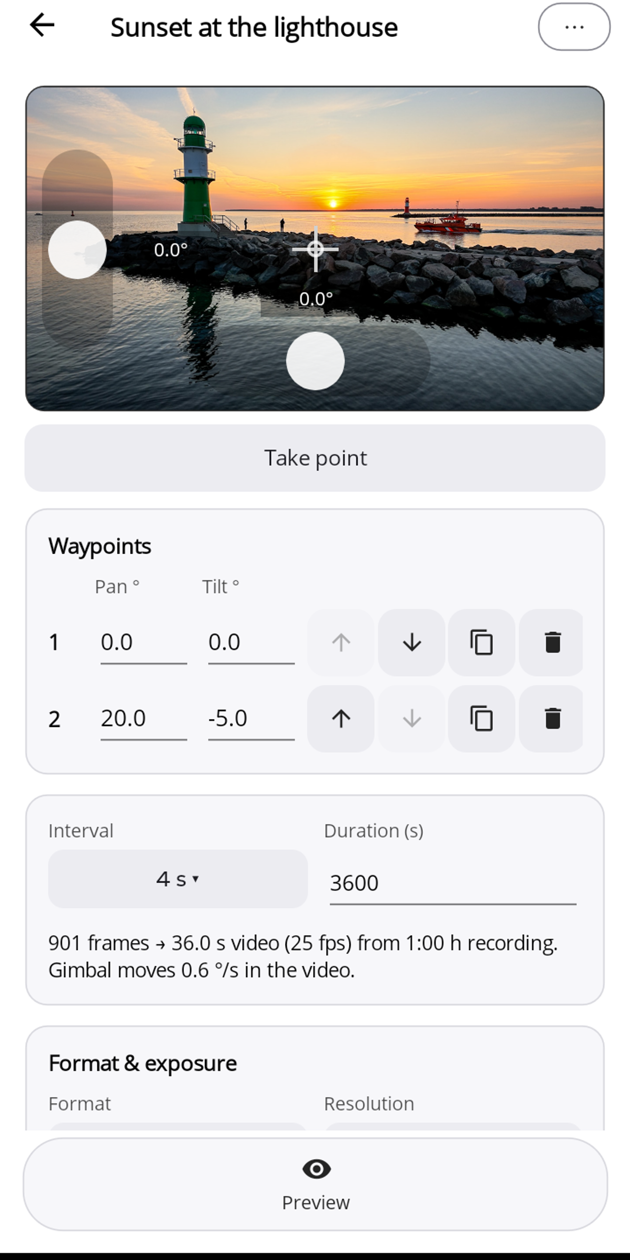 Lapset editor with live view and two waypoints: at the top the live view with the tilt slider on the left, the pan slider at the bottom and the crosshair, below it "Take point", the waypoint list, interval 4 s, duration 3600 s and the result line "901 frames → 36.0 s video (25 fps) from 1:00 h recording".