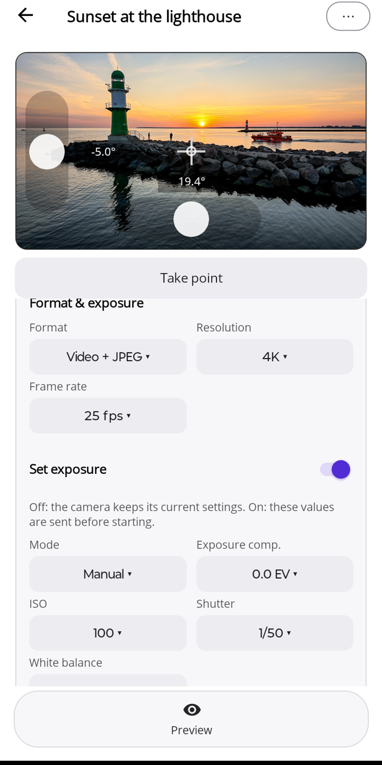 The "Format & exposure" card in the Lapset editor: format "Video + JPEG", resolution 4K, frame rate 25 fps, the "Set exposure" switch is on, below it mode Manual, exposure compensation 0.0 EV, ISO 100 and shutter 1/50.