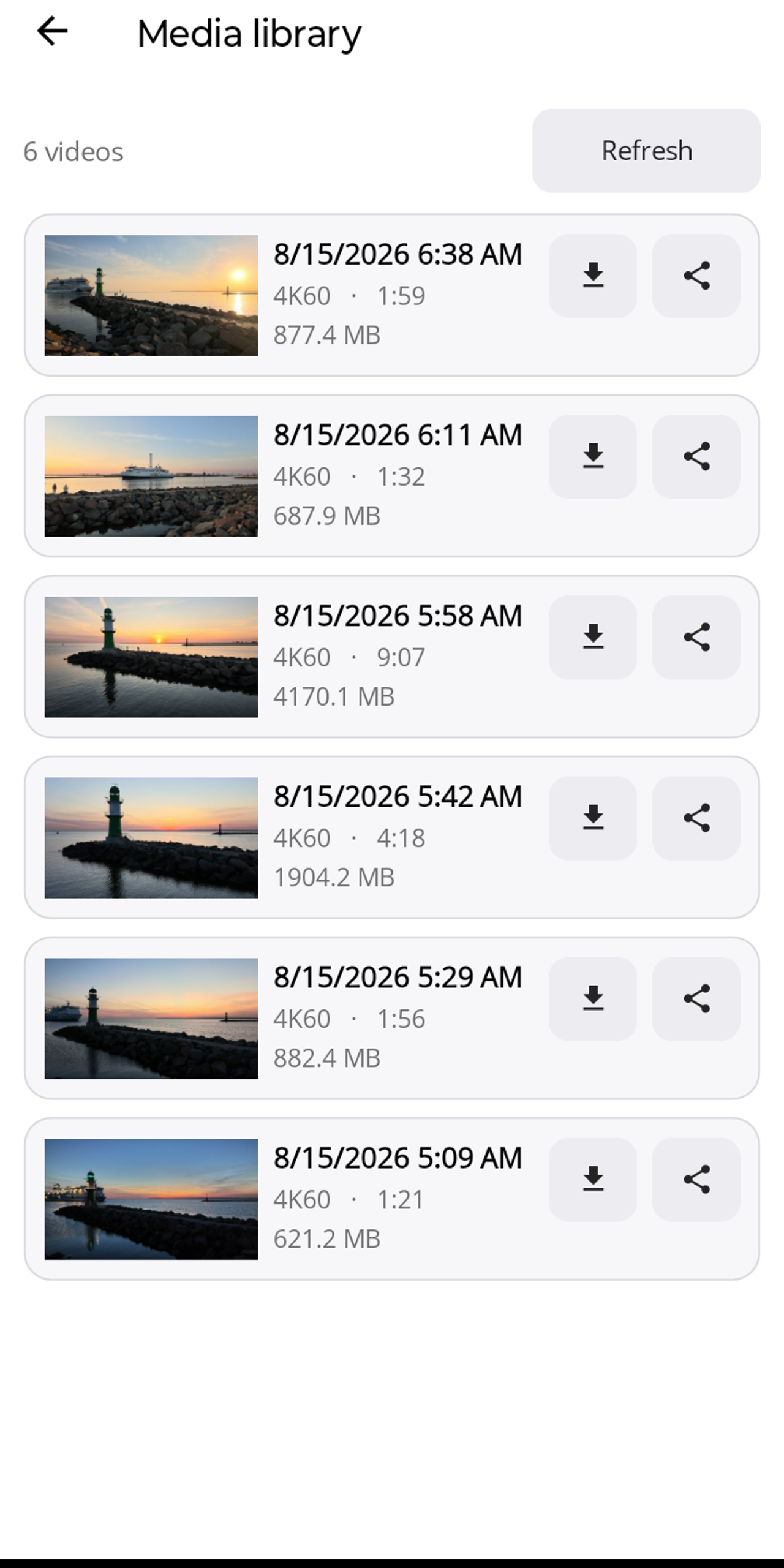 The Lapset media library lists six videos with thumbnail, date, 4K60 resolution, length and size, each with buttons for saving and sharing; "Refresh" at the top right.