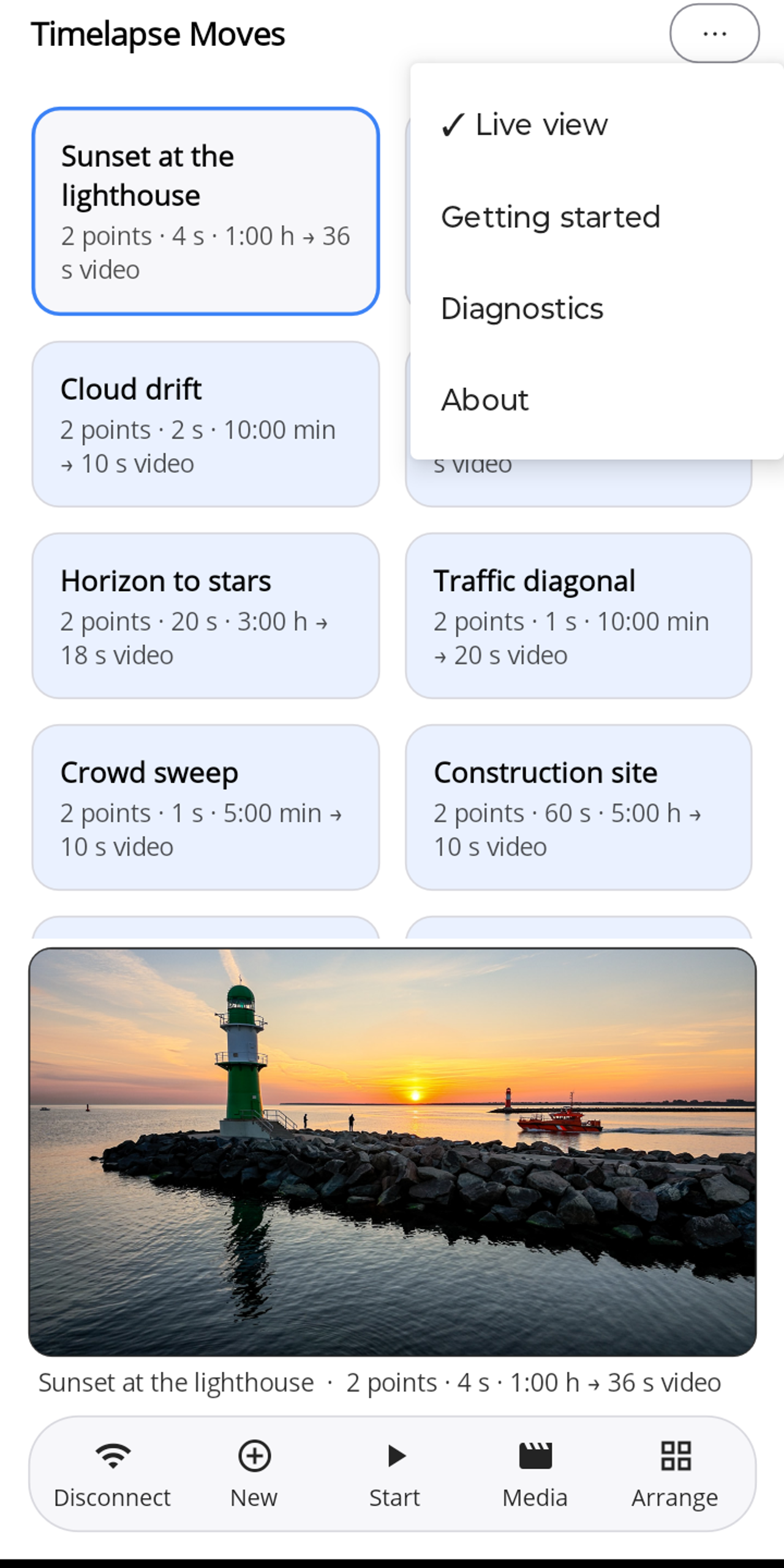 Lapset's open ⋯ menu with the entries Live view (checked), Getting started, Diagnostics and About.