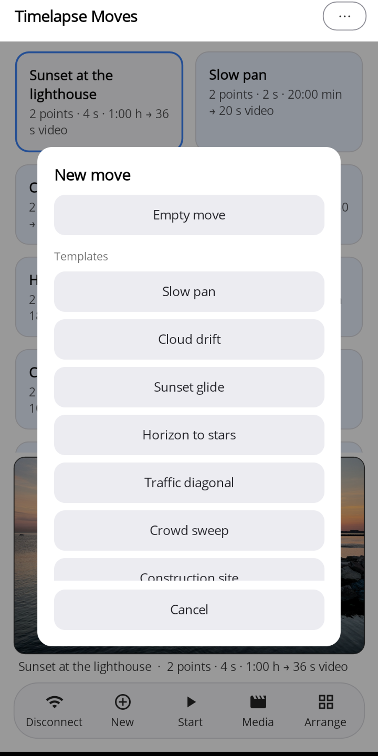 The "New move" dialog in Lapset with "Empty move" and below it the templates Slow pan, Cloud drift, Sunset glide, Horizon to stars, Traffic diagonal, Crowd sweep and Construction site.