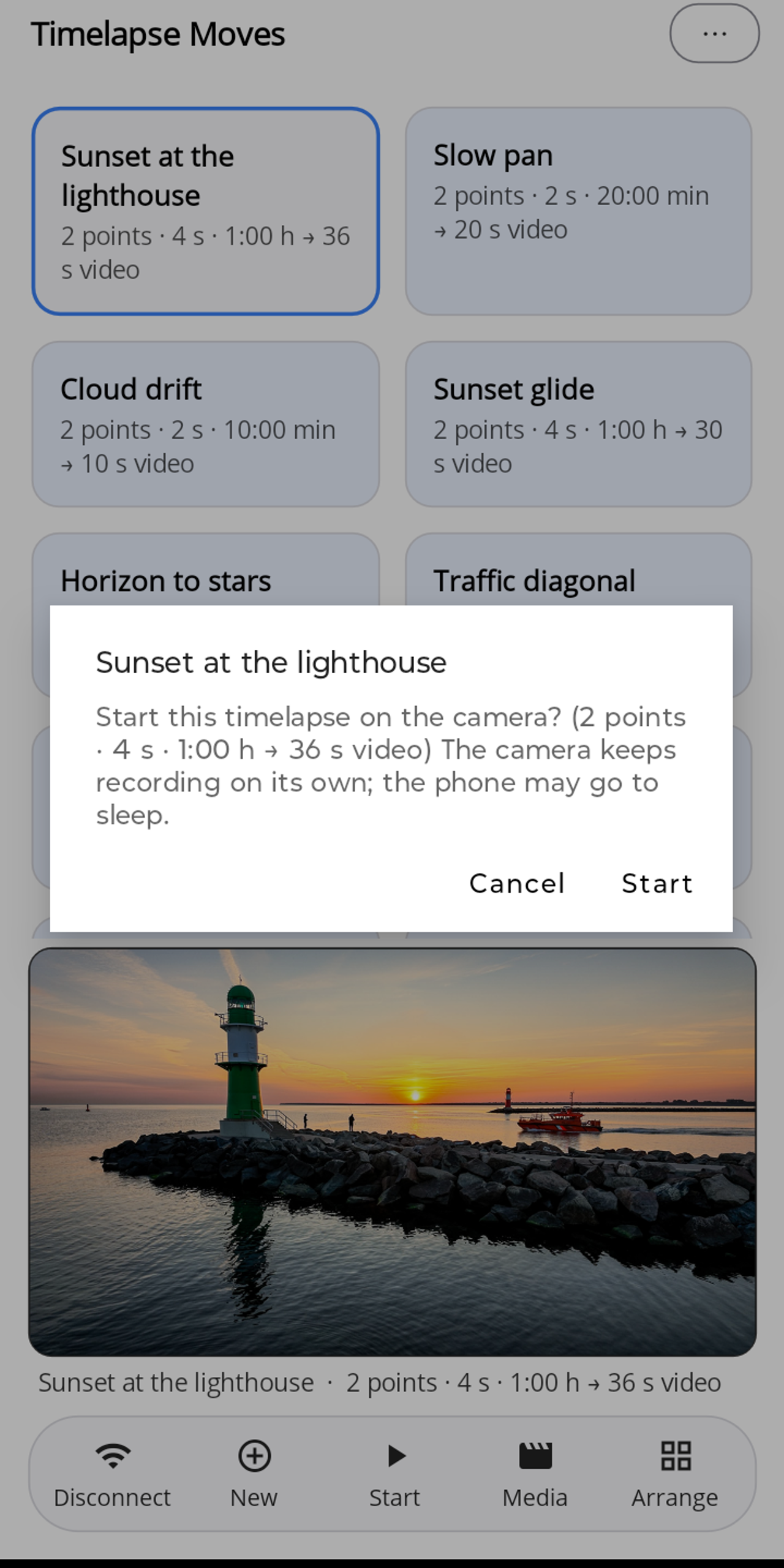 Lapset prompt "Sunset at the lighthouse: Start this timelapse on the camera? (2 points · 4 s · 1:00 h → 36 s video) The camera keeps recording on its own; the phone may go to sleep." with the buttons Cancel and Start.