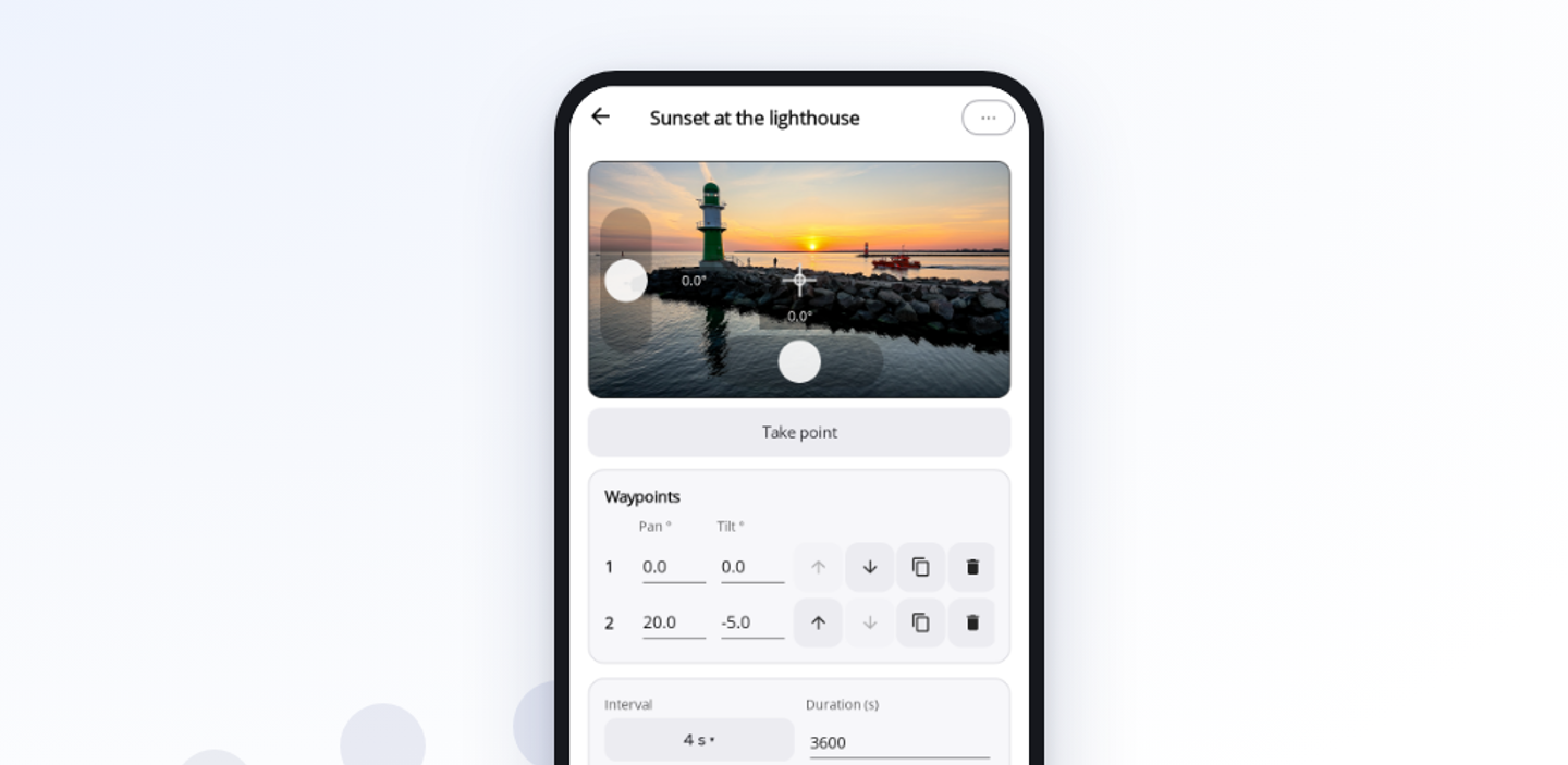 Lapset — Motion Timelapse: the editor with a live view of a lighthouse at sunset, two waypoints and interval and duration.