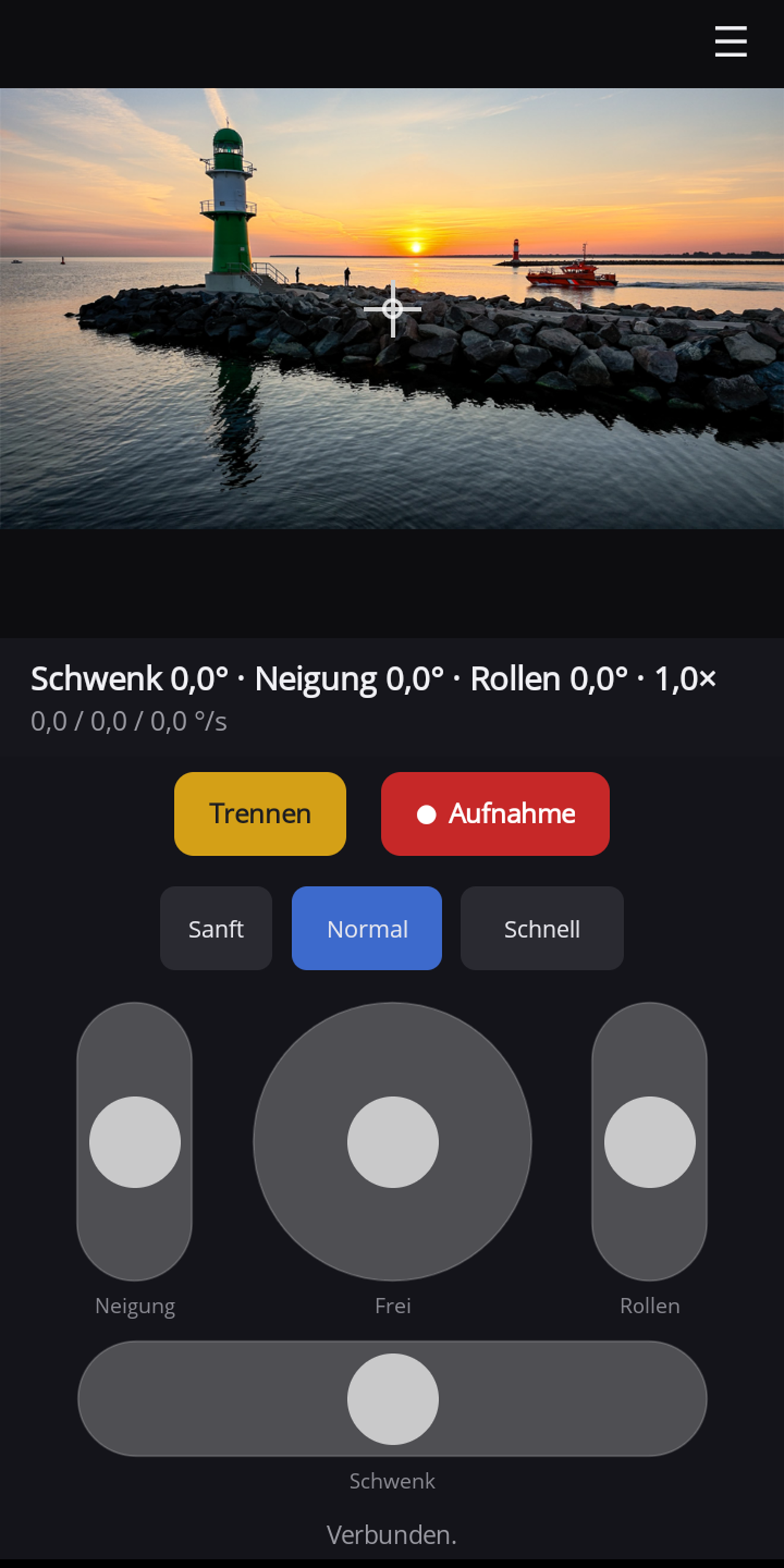 Panset im Hochformat: oben das Livebild mit Fadenkreuz, darunter die Lage-Zeile „Schwenk · Neigung · Rollen · 1,0×", die Knöpfe Trennen und Aufnahme, die Gänge Sanft, Normal und Schnell sowie die Pads Neigung, Frei, Rollen und Schwenk (im Beispiel rechts mit Rollen belegt); Status „Verbunden."