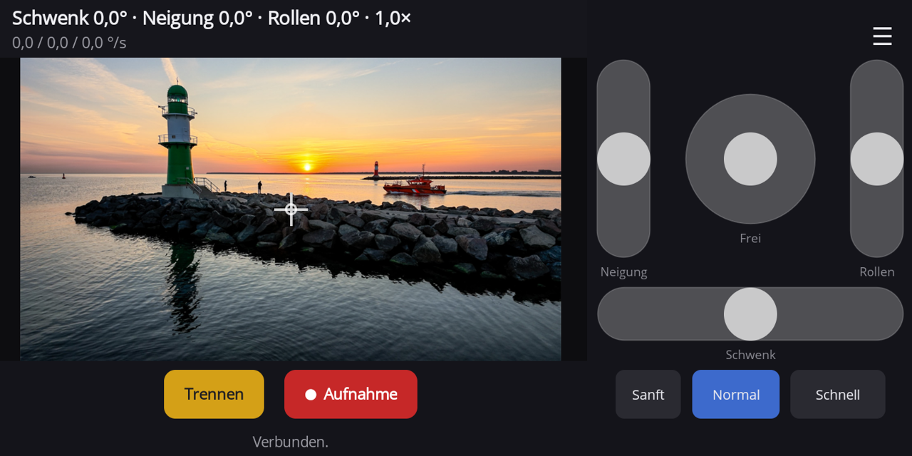 Panset im Querformat: links das Livebild mit Fadenkreuz, rechts die Pads Neigung, Frei und Rollen (im Beispiel rechts mit Rollen belegt), der Schwenk-Slider und die Gänge Sanft, Normal und Schnell, unten Trennen und Aufnahme.