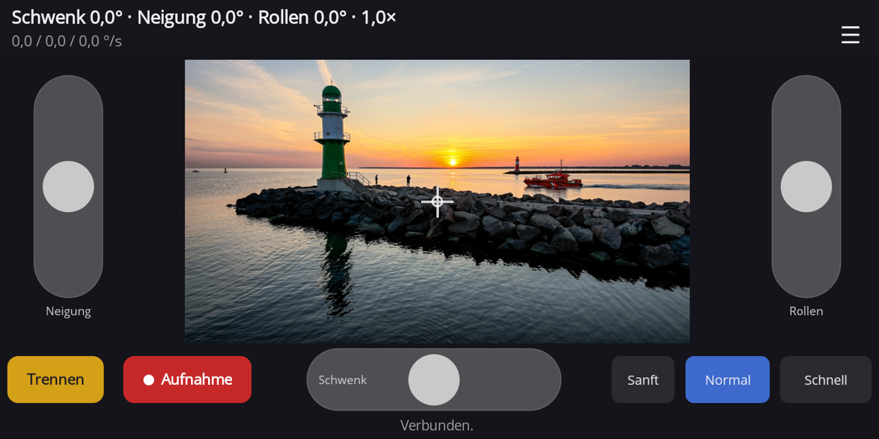 Panset in der Daumenansicht: großes Livebild in der Mitte, links der Slider Neigung, rechts der Slider Rollen (im Beispiel rechts mit Rollen belegt), unten Trennen, Aufnahme, der Schwenk-Slider und die Gänge Sanft, Normal und Schnell.