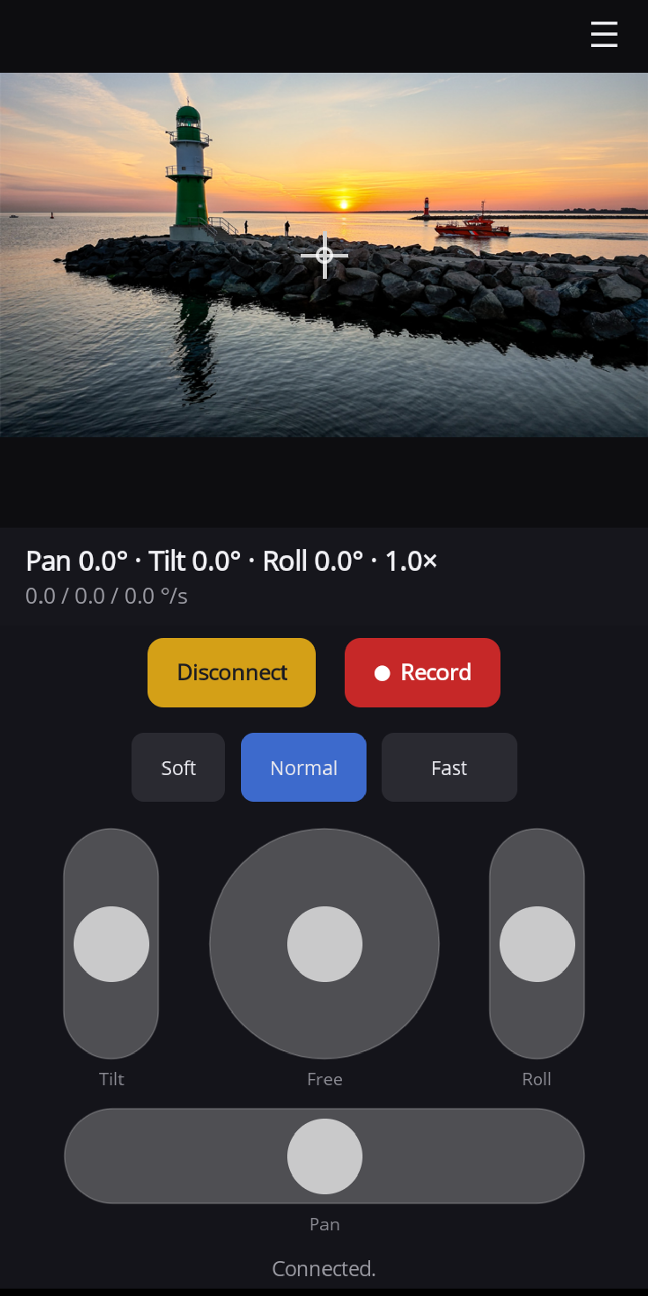 Panset in portrait: the live view with crosshair at the top, below it the pose line "Pan · Tilt · Roll · 1.0×", the Disconnect and Record buttons, the Soft, Normal and Fast gears and the Tilt, Free, Roll and Pan pads (right slider assigned to roll in this example); status "Connected."