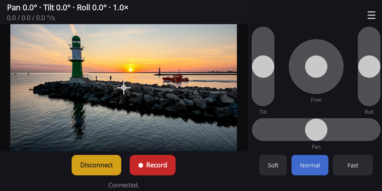 Panset in landscape: the live view with crosshair on the left, on the right the Tilt, Free and Roll pads (right slider assigned to roll in this example), the Pan slider and the Soft, Normal and Fast gears, at the bottom Disconnect and Record.