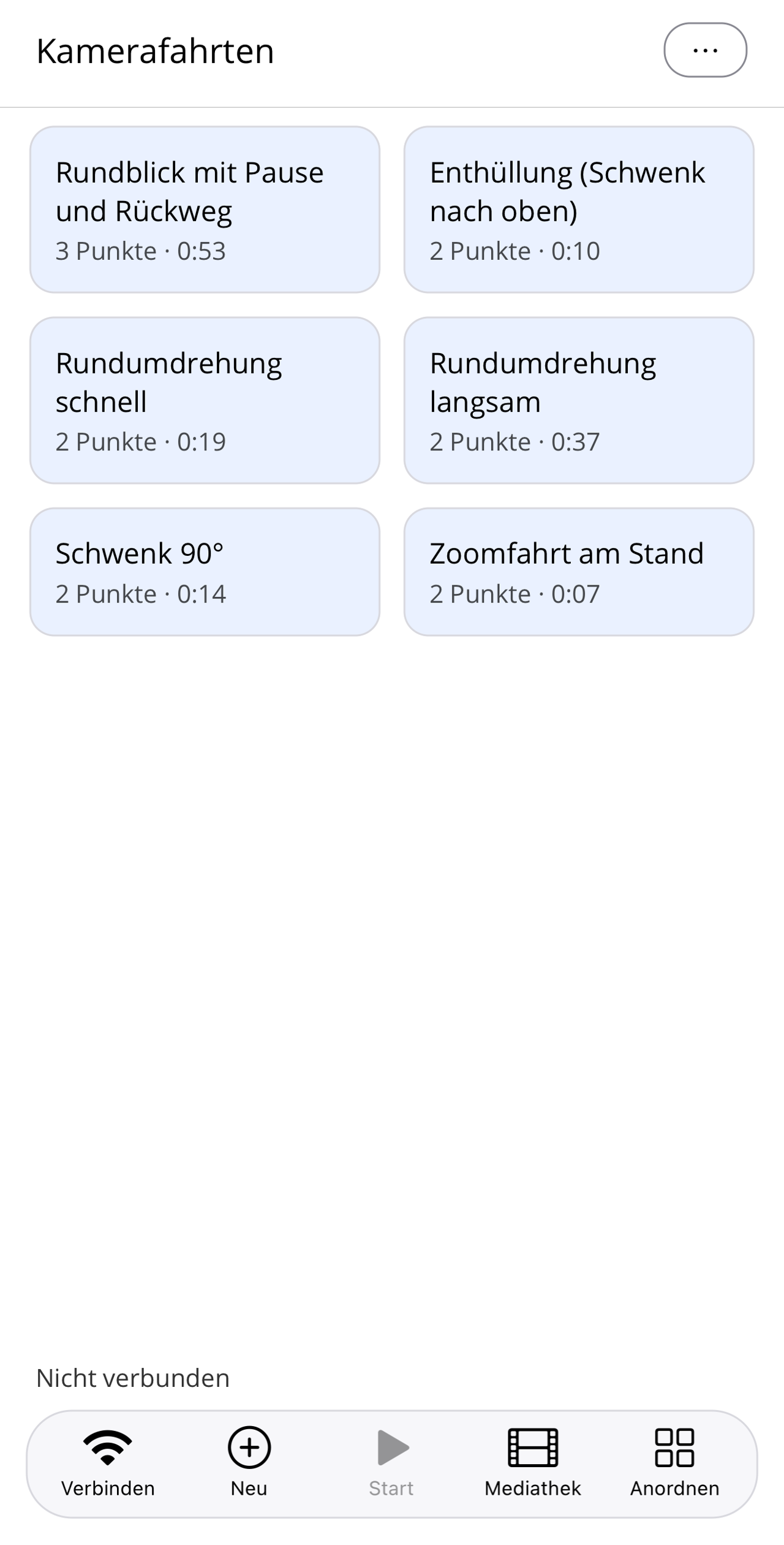 Pathset-Startseite mit sechs Fahrt-Kacheln, dem Hinweis „Nicht verbunden" und der Fußleiste mit den Knöpfen Verbinden, Neu, Start, Mediathek und Anordnen.