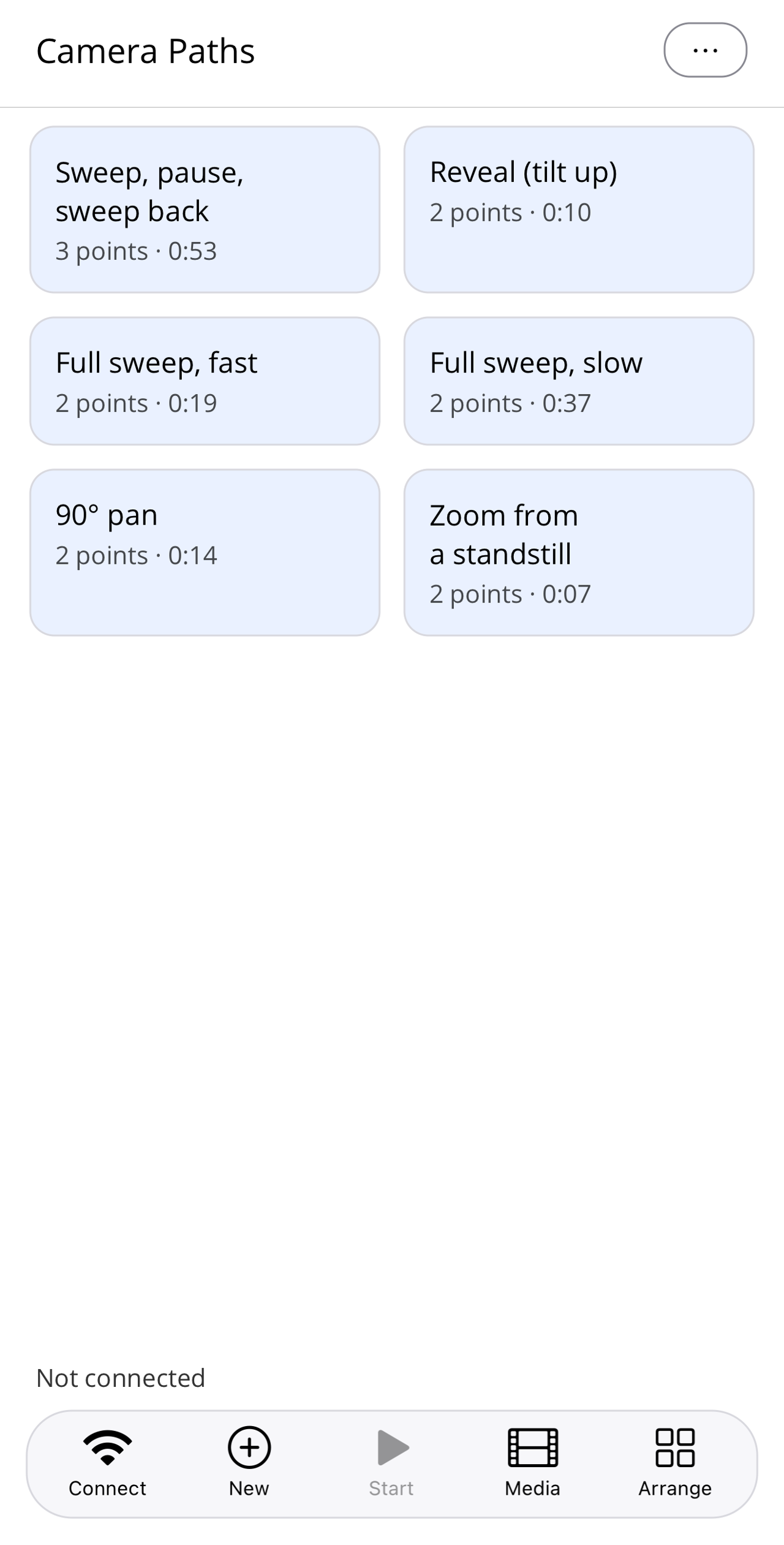 Pathset home screen with six path tiles, the note "Not connected" and the bottom bar with the Connect, New, Start, Media and Arrange buttons.