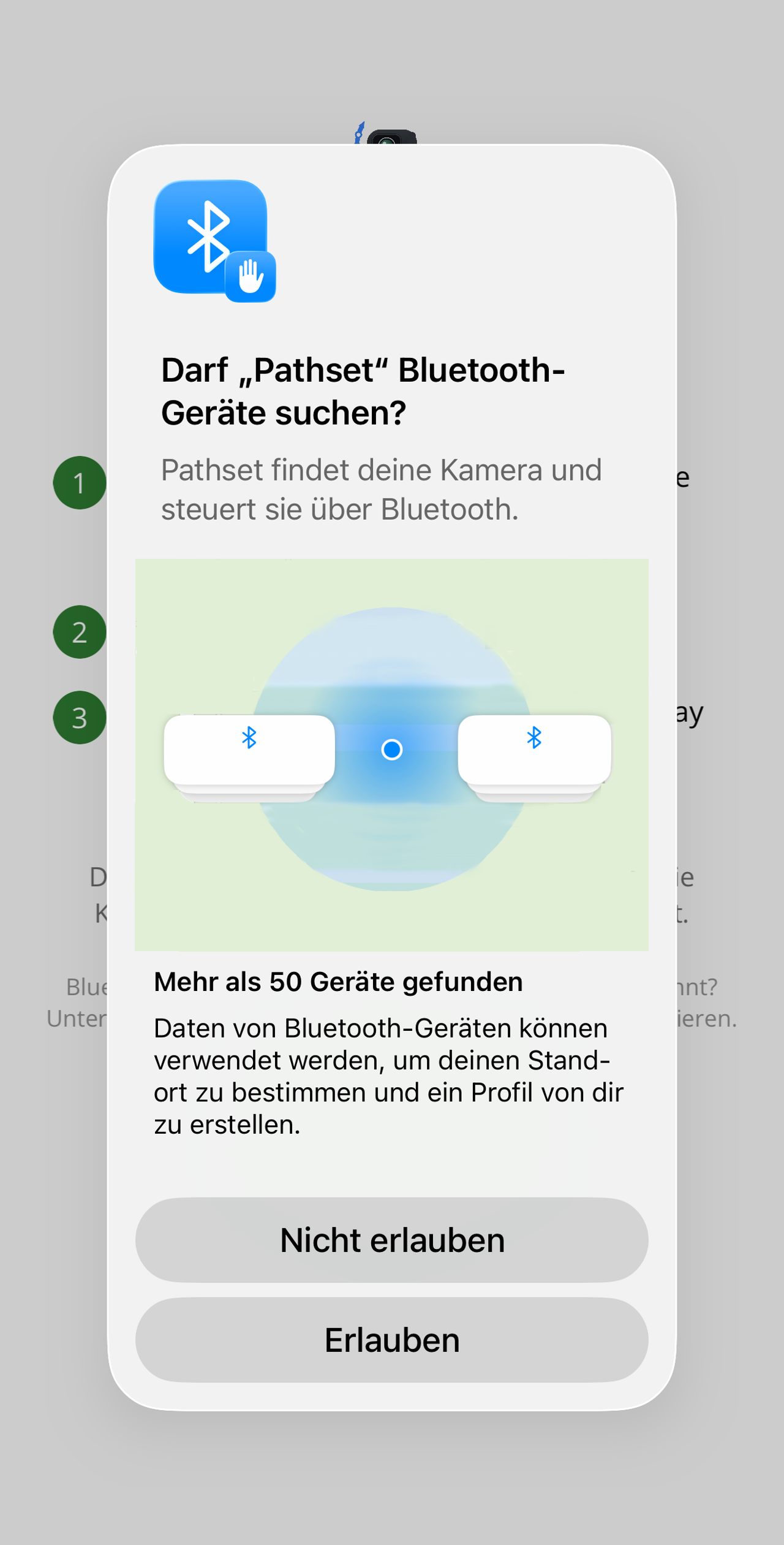 iOS-Dialog „Darf ‚Pathset' Bluetooth-Geräte suchen?" mit den Knöpfen „Nicht erlauben" und „Erlauben".