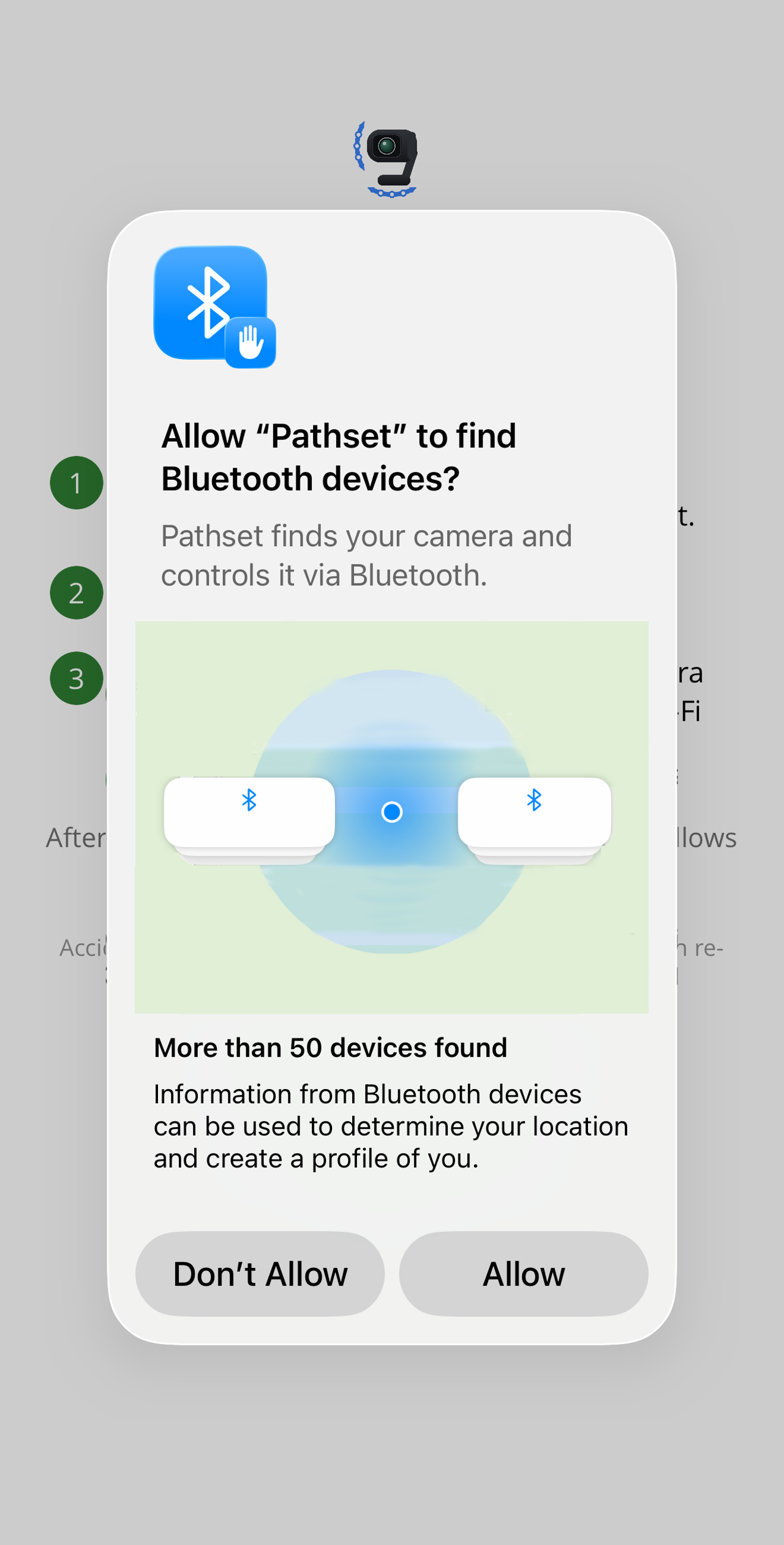 iOS dialog "Allow 'Pathset' to find Bluetooth devices?" with the buttons "Don't Allow" and "Allow".