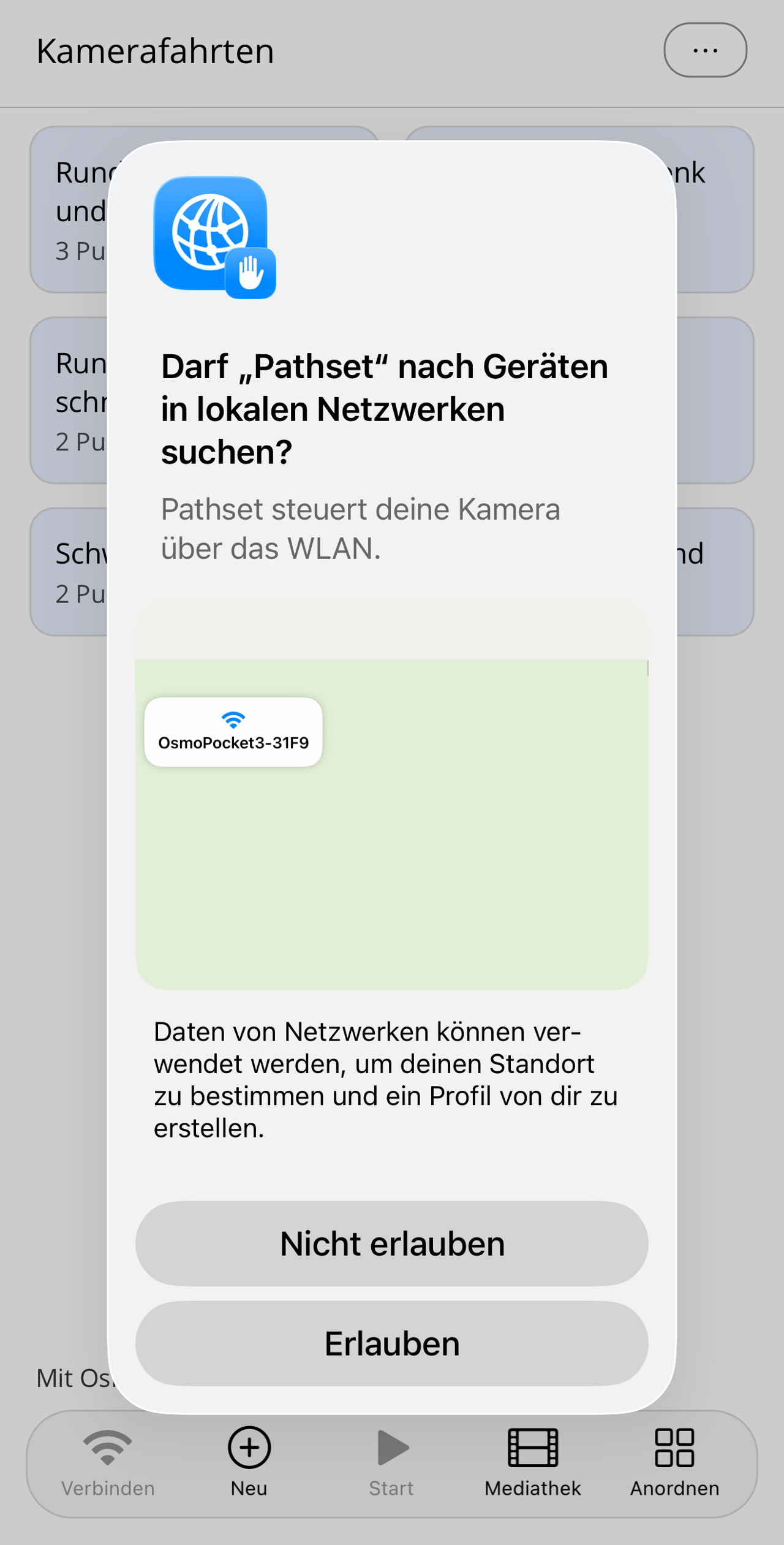 iOS-Dialog „Darf ‚Pathset' nach Geräten in lokalen Netzwerken suchen?", darunter das gefundene Kamera-WLAN.