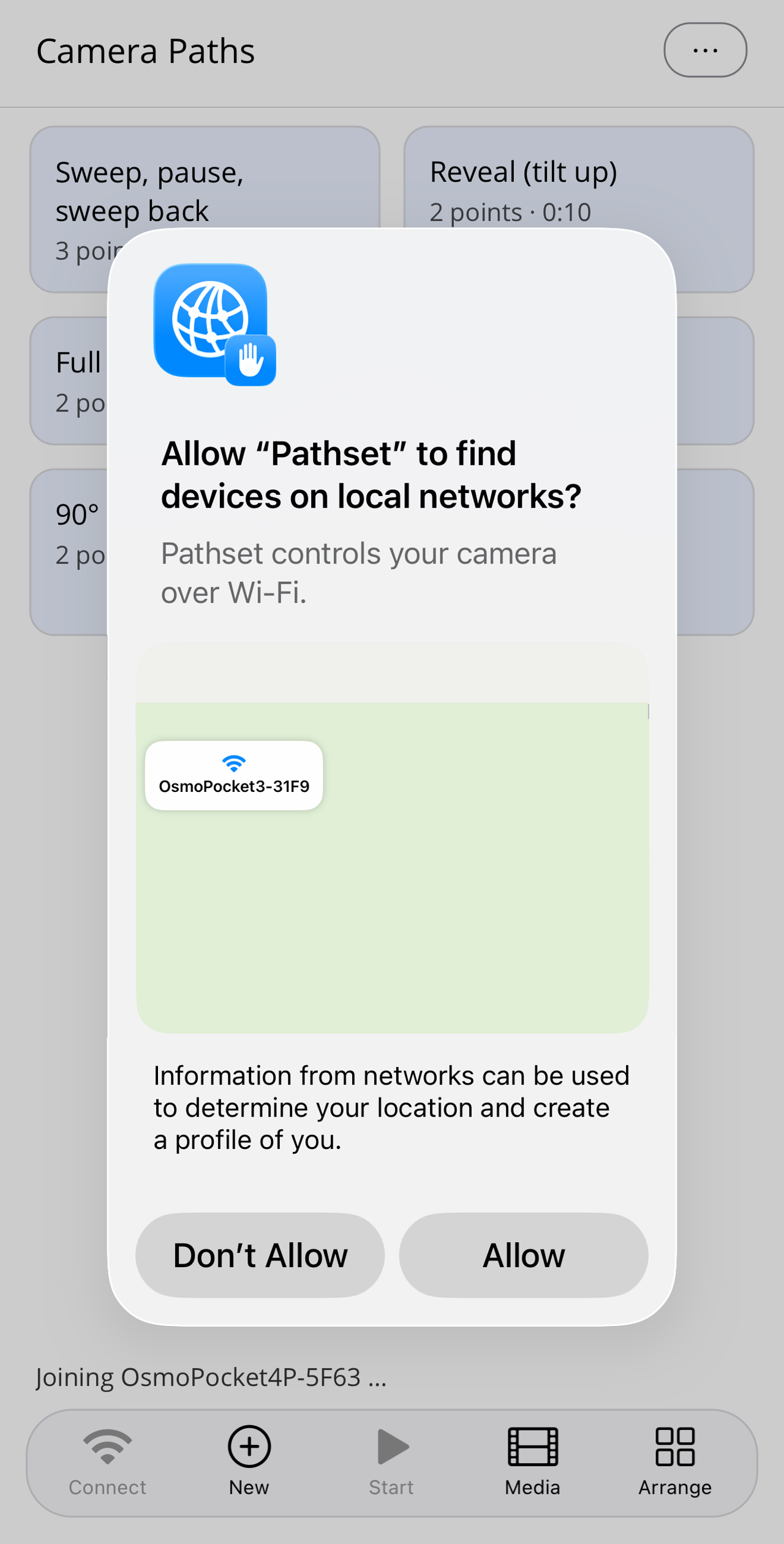 iOS dialog "Allow 'Pathset' to find devices on local networks?", below it the discovered camera Wi-Fi.