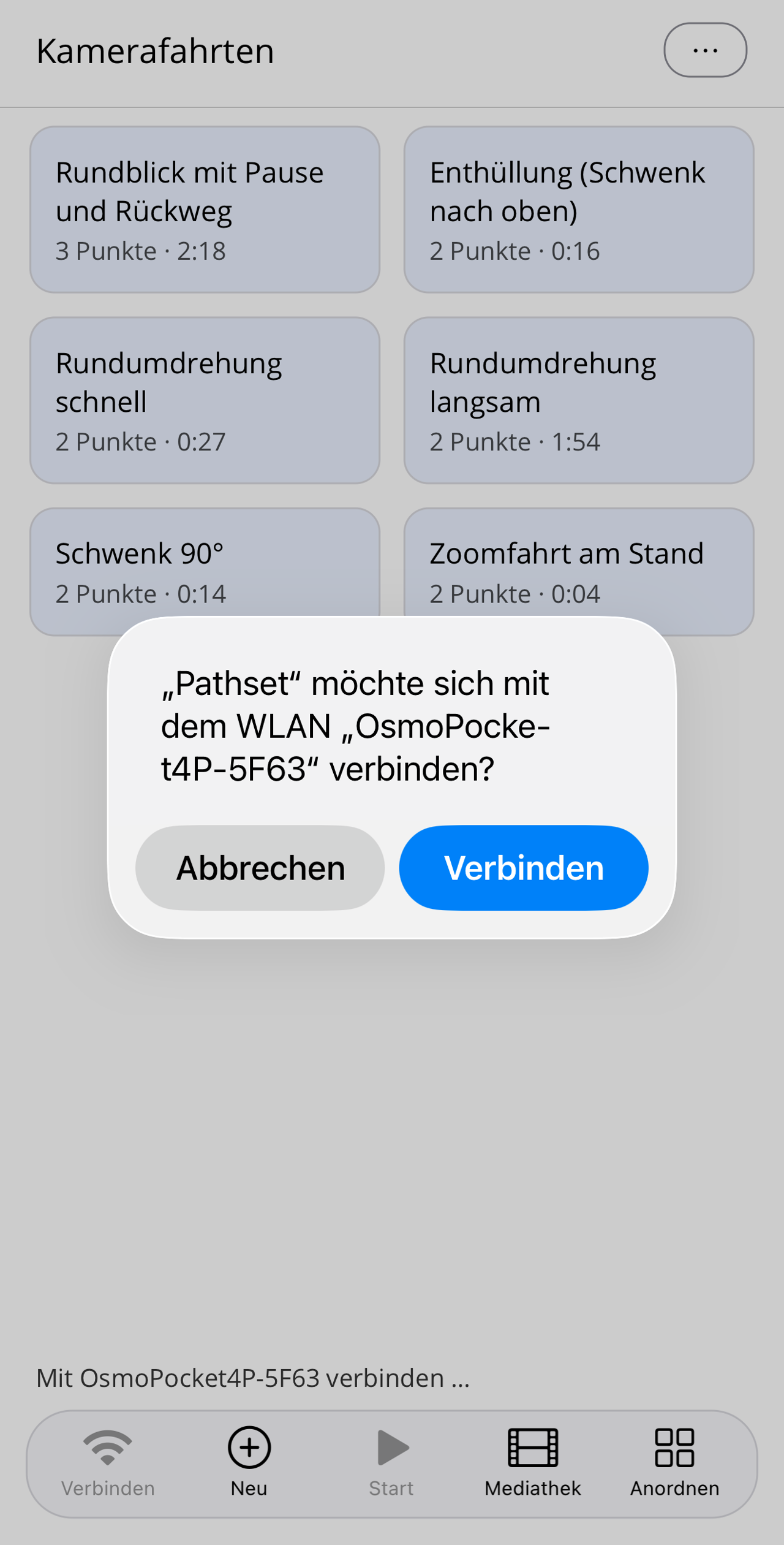 iOS-Nachfrage „‚Pathset' möchte sich mit dem WLAN ‚OsmoPocket4P-5F63' verbinden?" mit den Knöpfen „Abbrechen" und „Verbinden".