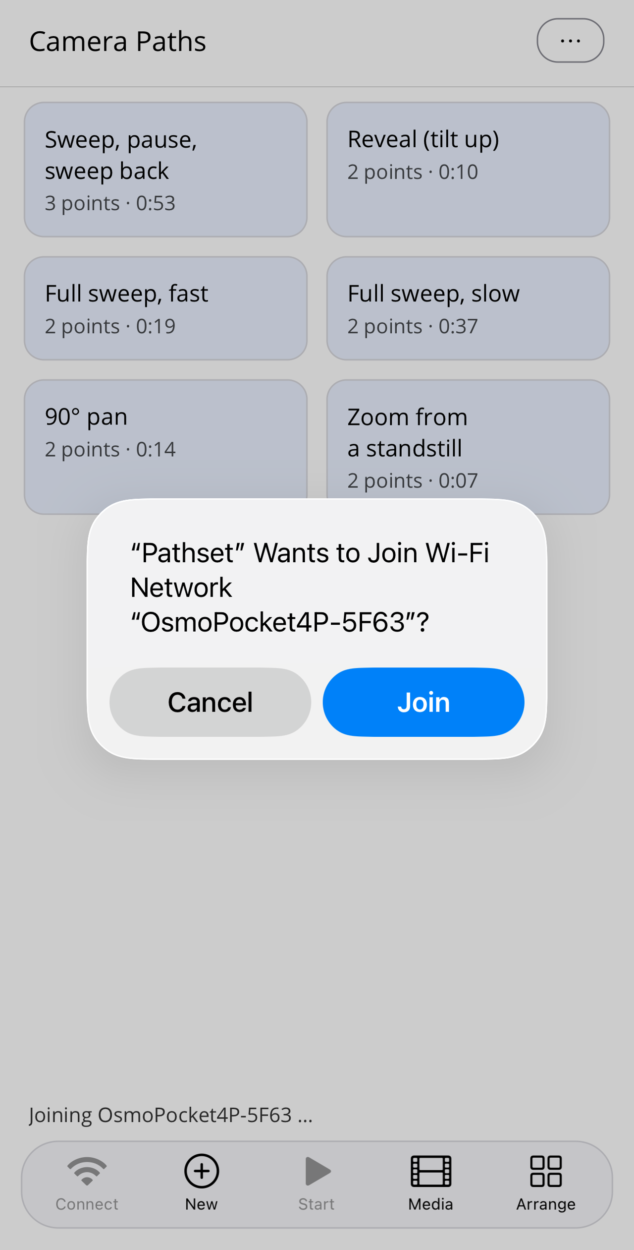 iOS prompt "'Pathset' Wants to Join Wi-Fi Network 'OsmoPocket4P-5F63'?" with the buttons "Cancel" and "Join".