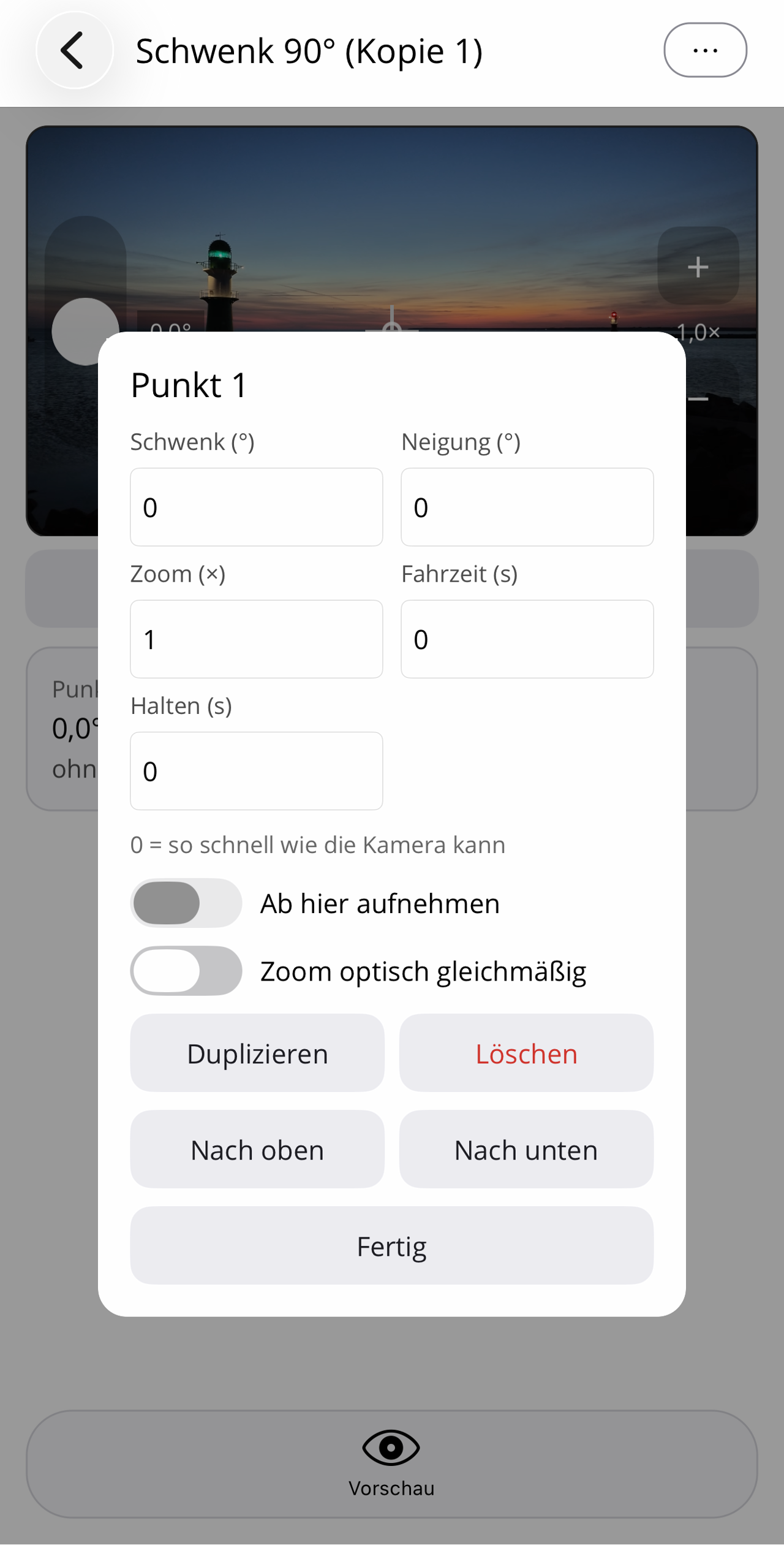 Die Bearbeiten-Karte eines Wegpunkts mit Zahlenfeldern für Schwenk, Neigung, Zoom, Fahrzeit und Halten, den Schaltern „Ab hier aufnehmen" und „Zoom optisch gleichmäßig" sowie Knöpfen zum Duplizieren, Löschen und Umsortieren.