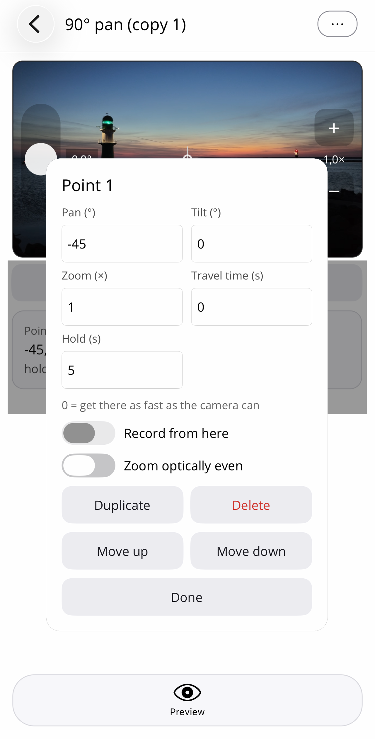 The edit card of a waypoint with numeric fields for pan, tilt, zoom, travel time and hold, the switches "Record from here" and "Zoom optically even" plus buttons for duplicating, deleting and re-ordering.