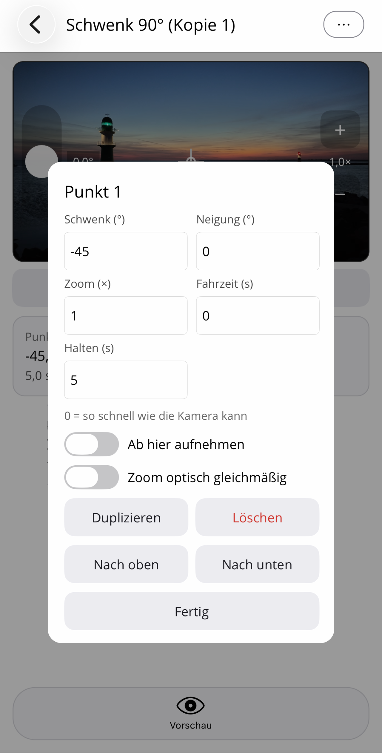 Bearbeiten-Karte von Punkt 1 im Beispiel: Schwenk −45°, Neigung 0°, Zoom 1×, Fahrzeit 0 s, Halten 5 s, Aufnahme aus.