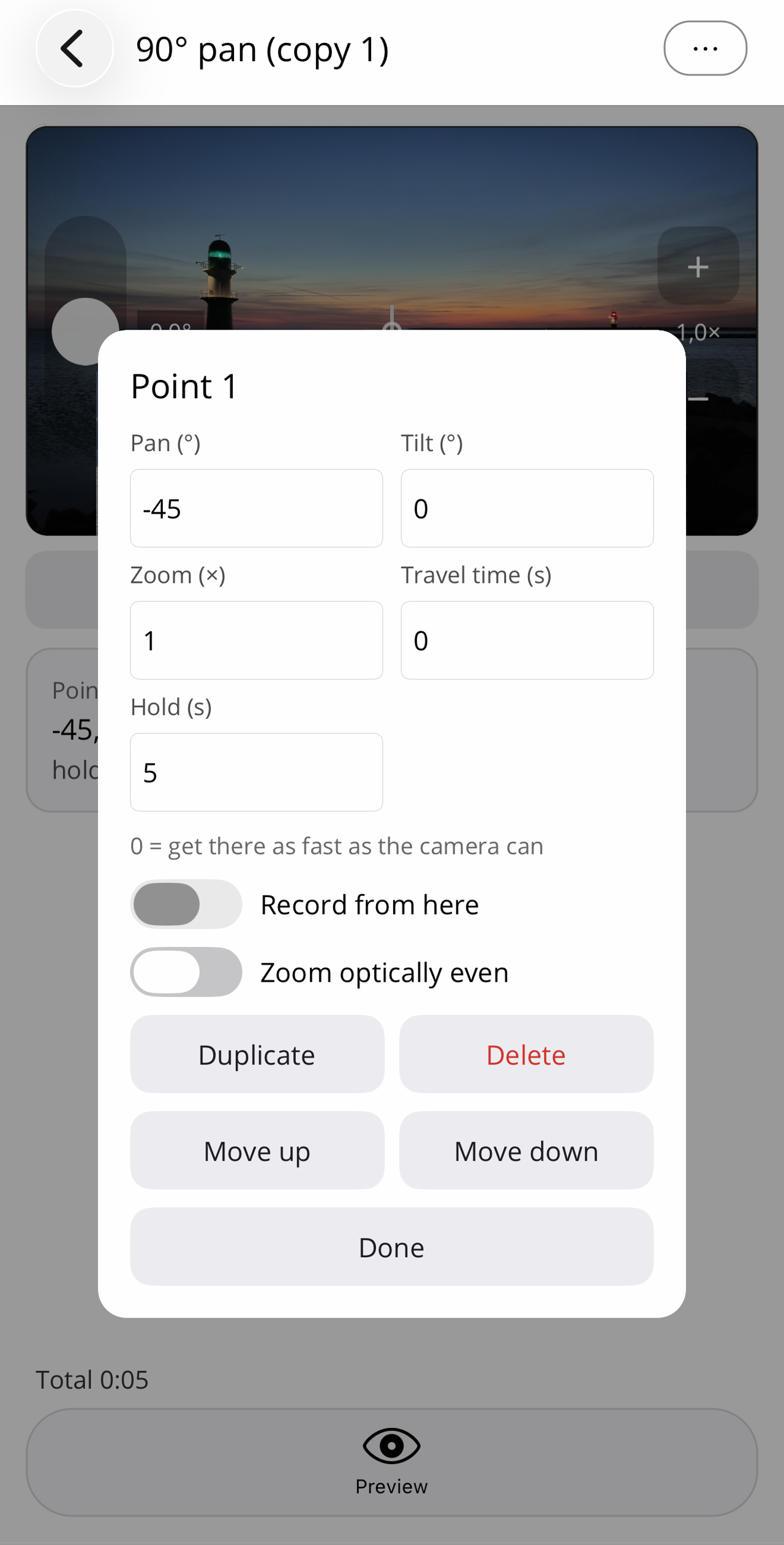 Edit card of point 1 in the example: pan −45°, tilt 0°, zoom 1×, travel time 0 s, hold 5 s, record off.