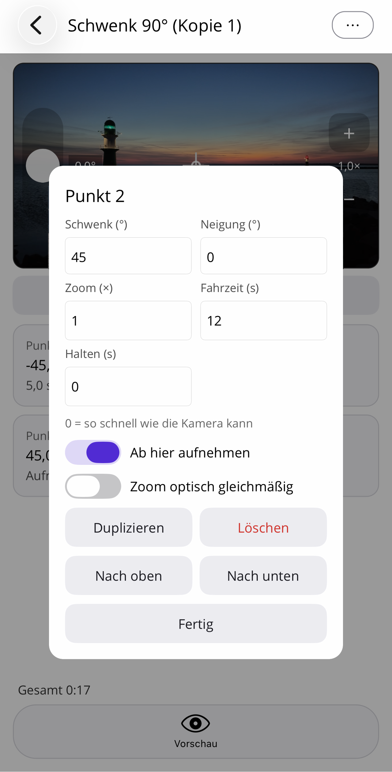 Bearbeiten-Karte von Punkt 2 im Beispiel: Schwenk 45°, Neigung 0°, Zoom 1×, Fahrzeit 12 s, Halten 0 s, der Schalter „Ab hier aufnehmen" ist eingeschaltet.