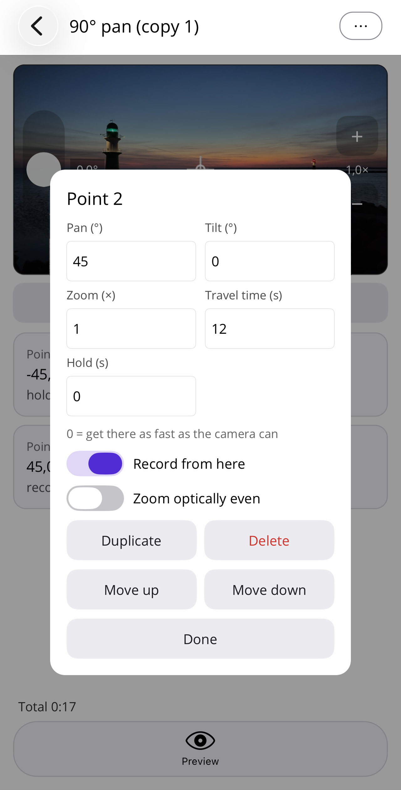 Edit card of point 2 in the example: pan 45°, tilt 0°, zoom 1×, travel time 12 s, hold 0 s, the "Record from here" switch is on.