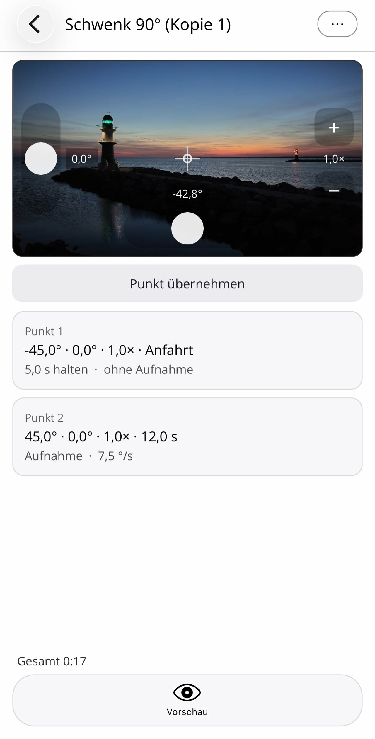 Editor mit fertiger Wegpunktliste: Punkt 1 mit −45°, Anfahrt, 5 s halten, ohne Aufnahme; Punkt 2 mit 45°, 12 s, Aufnahme und 7,5°/s.