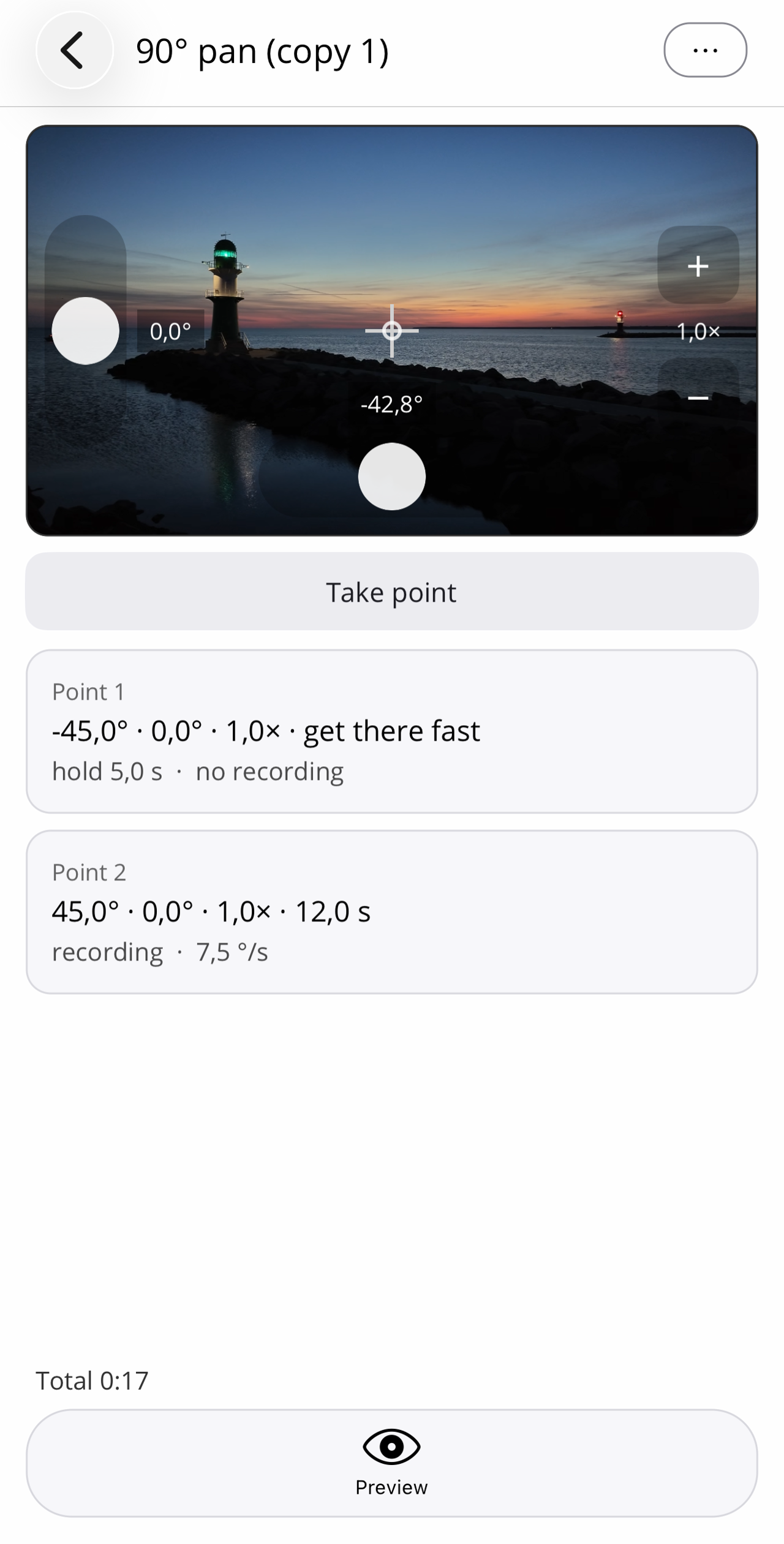 Editor with the finished waypoint list: point 1 at −45°, fast approach, hold 5 s, no recording; point 2 at 45°, 12 s, recording and 7.5°/s.