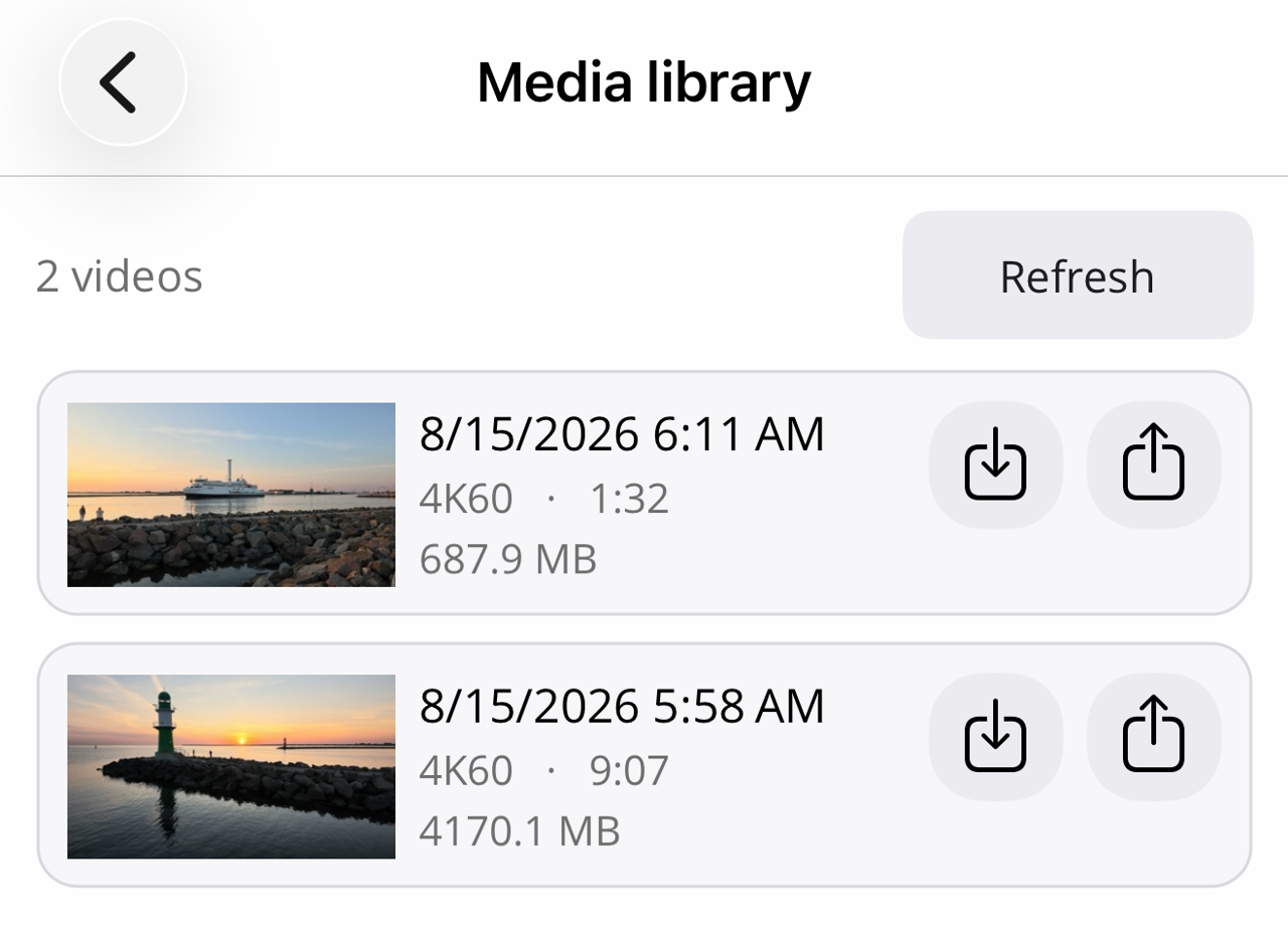 The media library lists two videos with thumbnail, date, 4K60 resolution, duration and size, each with buttons for saving and sharing.
