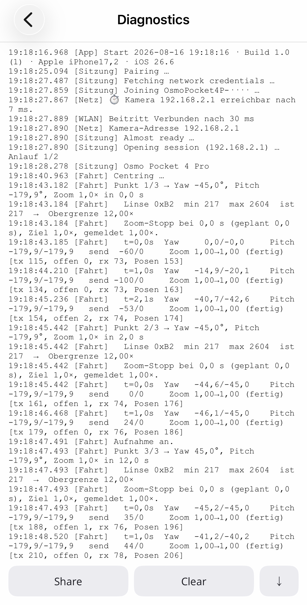 The diagnostics view with the app's technical log, at the bottom the "Share" and "Clear" buttons.