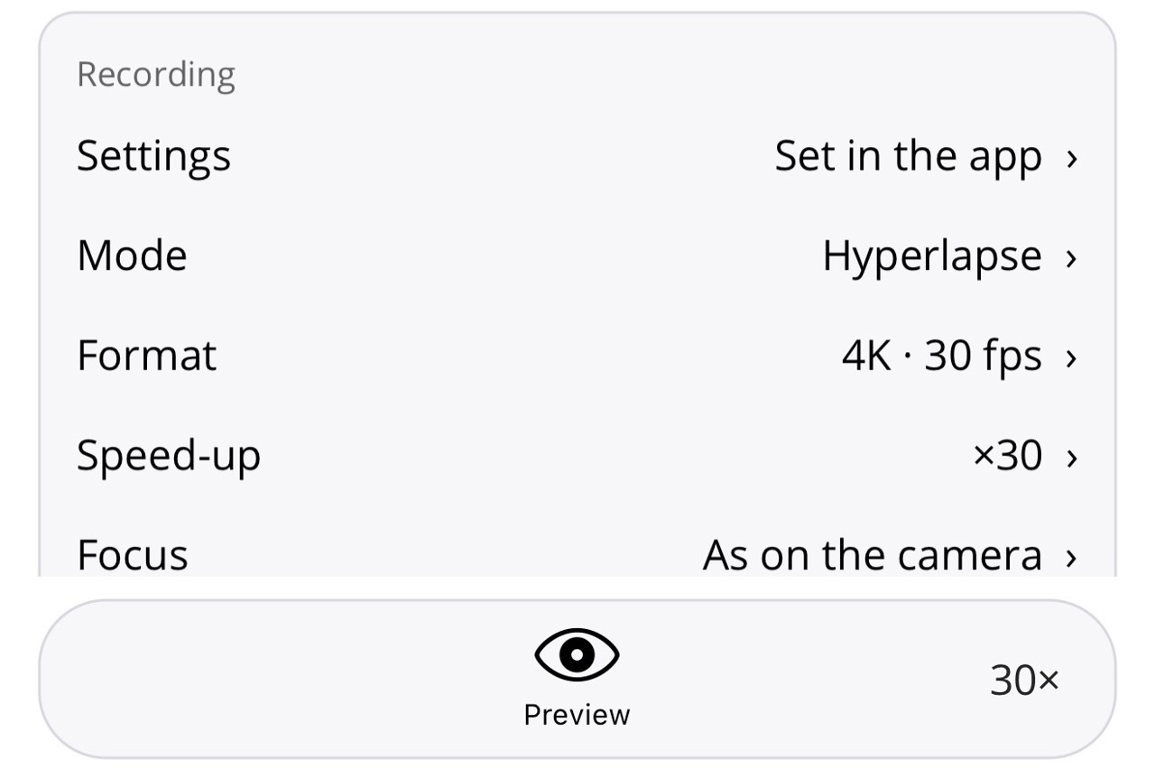 The recording card in the Pathset editor with the rows "Settings: Set in the app", "Mode: Hyperlapse", "Format: 4K · 30 fps", "Speed-up: ×30" and "Focus: As on the camera"; below it the bottom bar with "Preview" and the preview speed 30×.