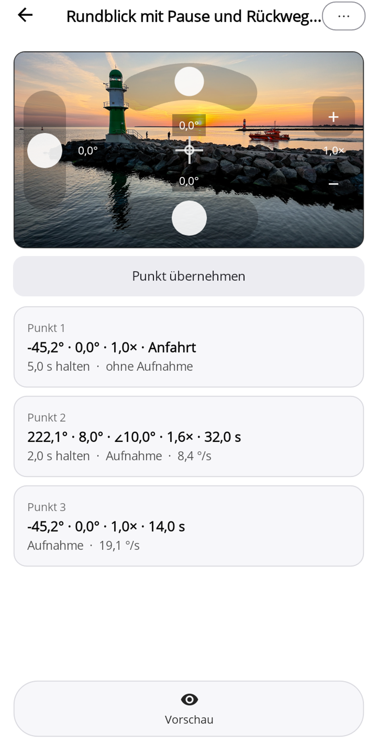 Der Pathset-Editor auf Android: Livebild mit eingeblendeten Reglern (Neigung links, Roll-Bogen oben, Schwenk unten, Zoom rechts, Fadenkreuz in der Mitte), darunter „Punkt übernehmen" und die Wegpunktliste; Punkt 2 trägt den Rollwinkel ∠10,0°.