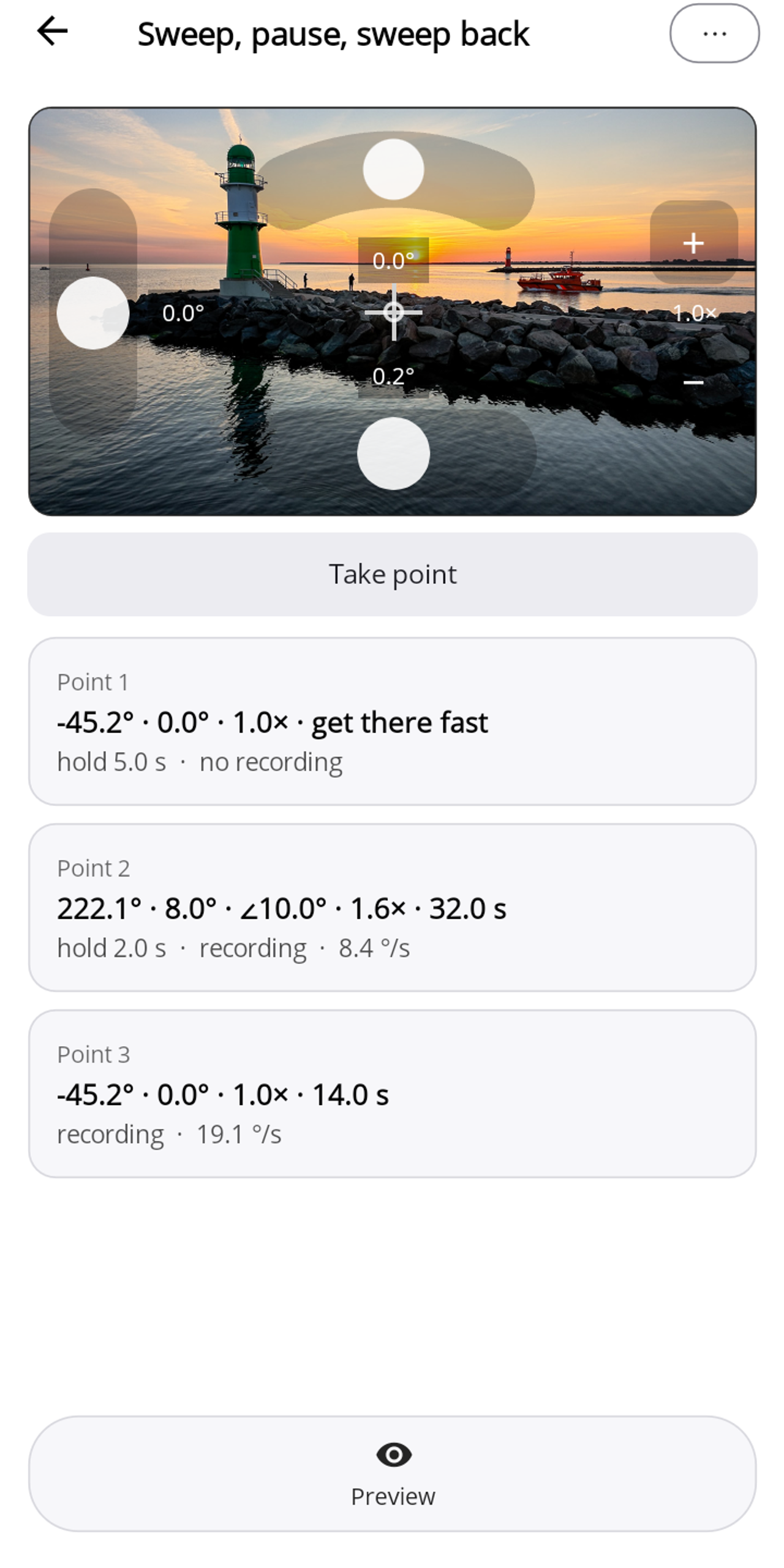 The Pathset editor on Android: live view with overlaid controls (tilt on the left, roll arc at the top, pan at the bottom, zoom on the right, crosshair in the centre), below it "Capture point" and the waypoint list; point 2 carries the roll angle ∠10.0°.