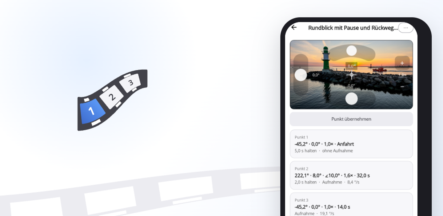Pathset — Camera Moves: the filmstrip icon next to the editor with live view, roll arc and waypoint list.