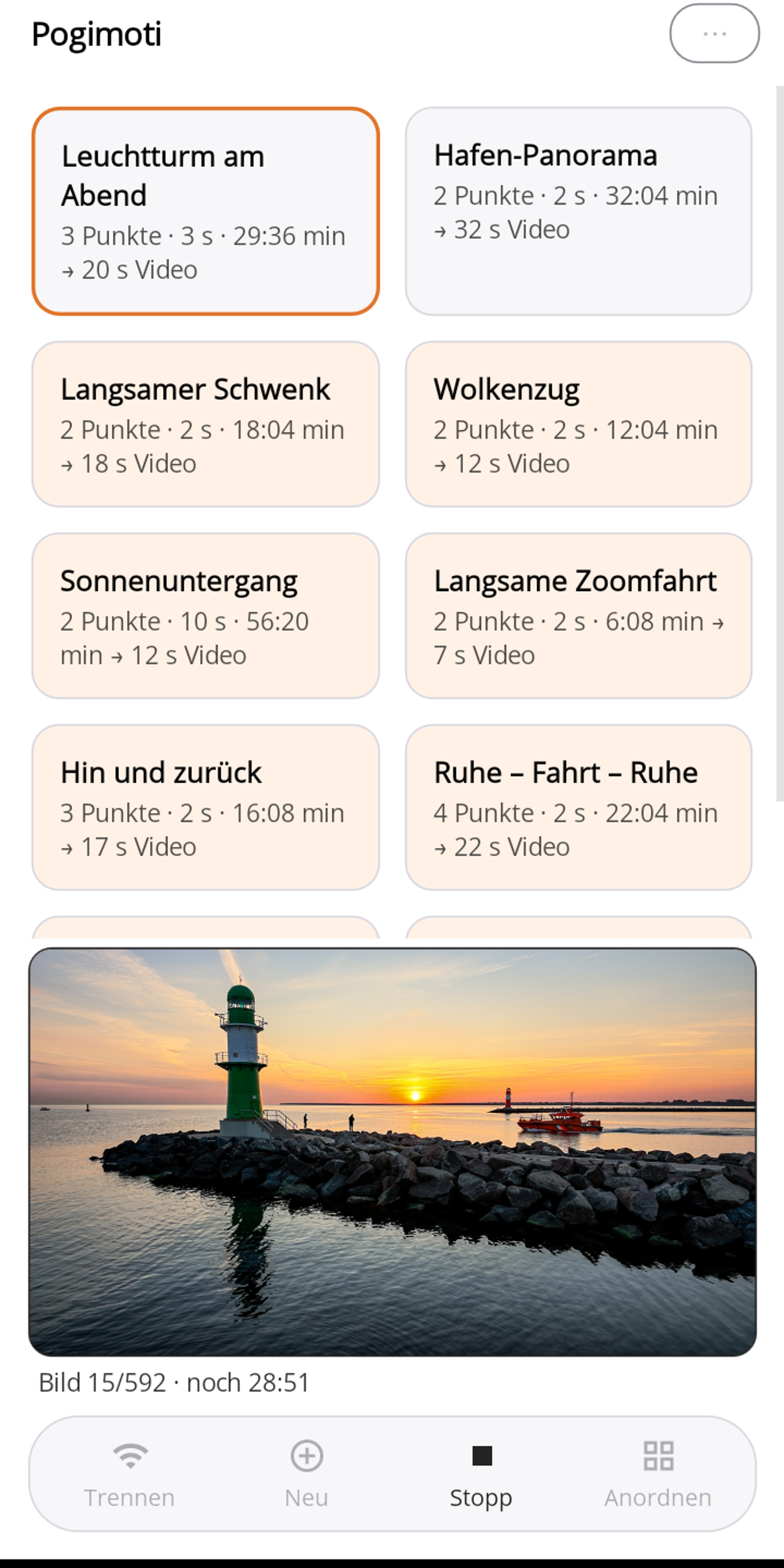 Pogimoti-Startseite während eines laufenden Zeitraffers: unter dem Livebild die Statuszeile „Bild 15/592 · noch 28:51", in der Fußleiste ist nur „Stopp" aktiv.