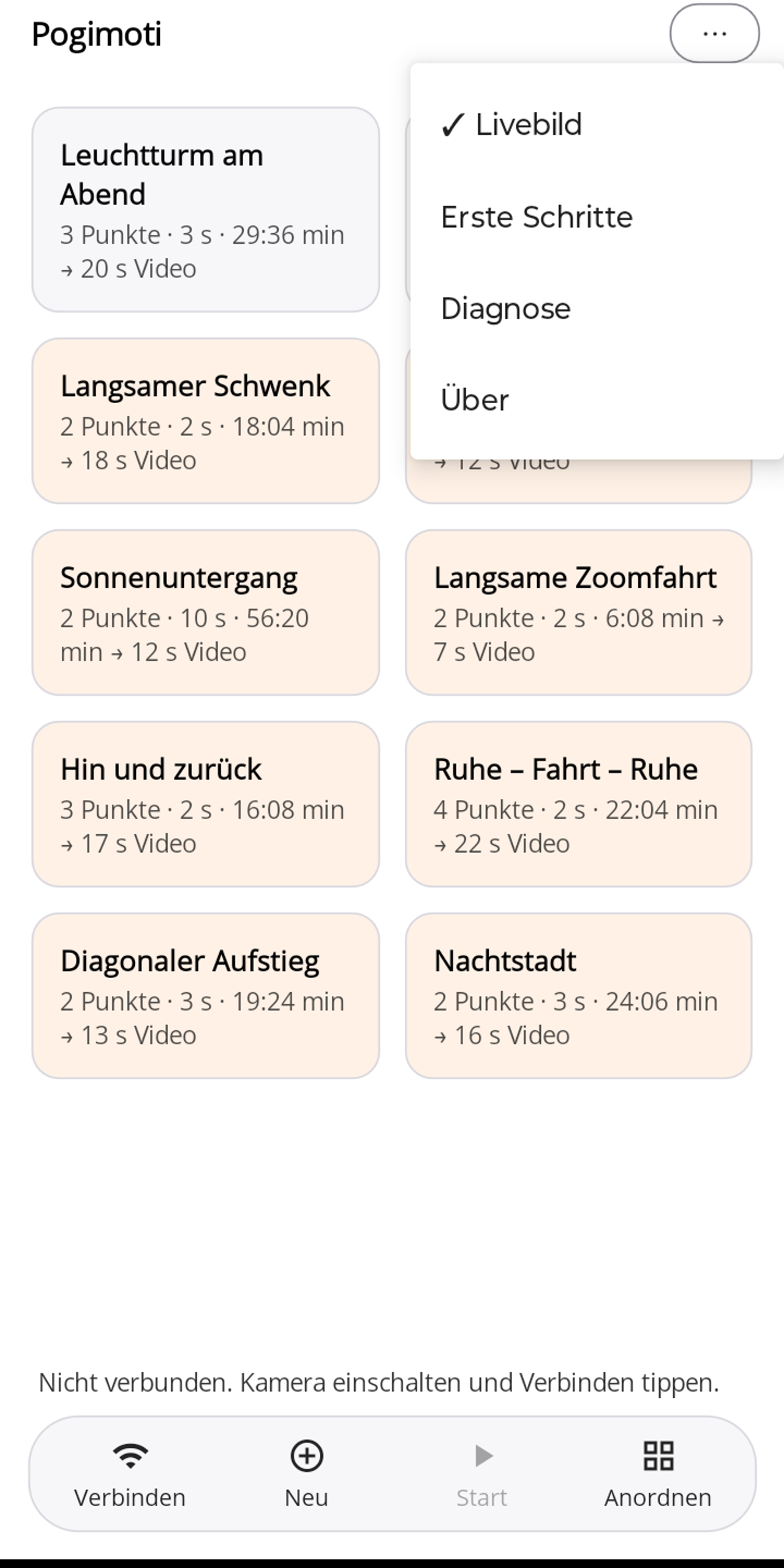 Das geöffnete ⋯-Menü von Pogimoti mit den Einträgen Livebild (angehakt), Erste Schritte, Diagnose und Über.