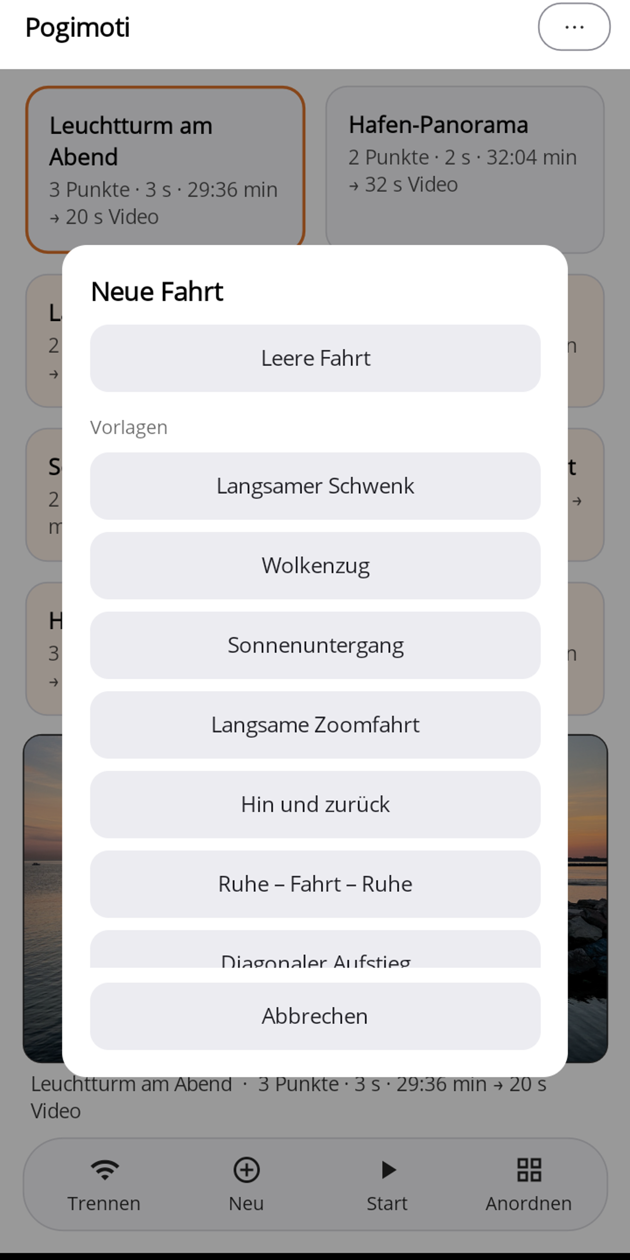 Der Dialog „Neue Fahrt" in Pogimoti mit „Leere Fahrt" und darunter den Vorlagen Langsamer Schwenk, Wolkenzug, Sonnenuntergang, Langsame Zoomfahrt, Hin und zurück, Ruhe – Fahrt – Ruhe und Diagonaler Aufstieg.