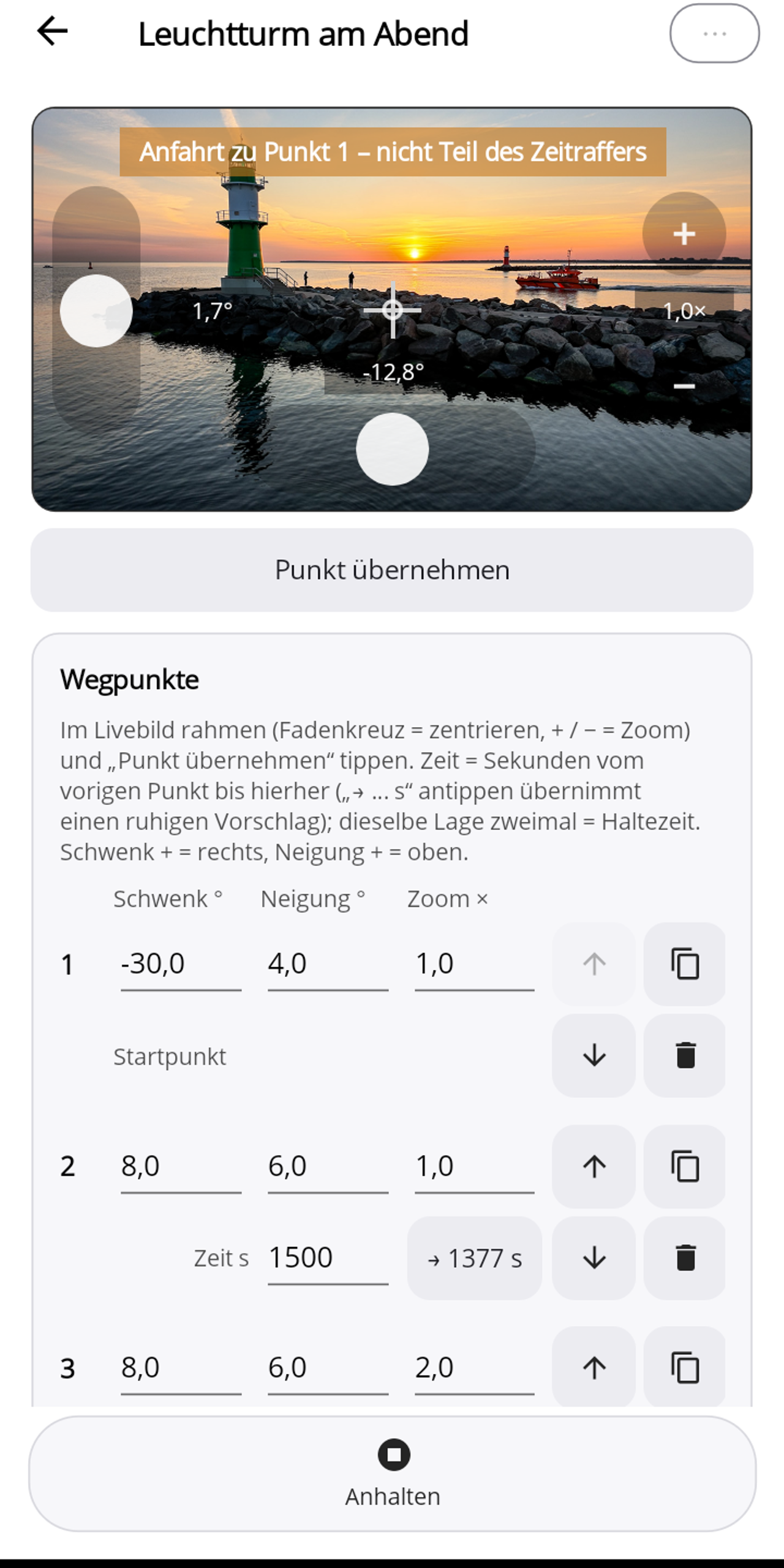Pogimoti-Editor während der Vorschau: im Livebild das orange Band „Anfahrt zu Punkt 1 – nicht Teil des Zeitraffers", unten der Knopf „Anhalten".