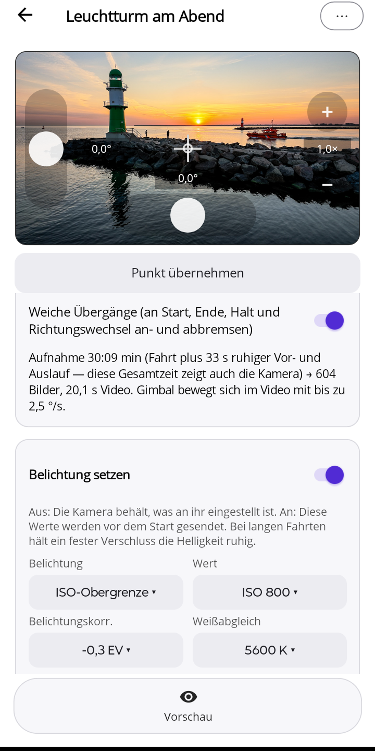 Pogimoti-Editor mit eingeschalteten weichen Übergängen, der Ergebniszeile „Aufnahme 30:09 min (Fahrt plus 33 s ruhiger Vor- und Auslauf — diese Gesamtzeit zeigt auch die Kamera) → 604 Bilder, 20,1 s Video. Gimbal bewegt sich im Video mit bis zu 2,5 °/s." und der eingeschalteten Karte „Belichtung setzen" mit ISO-Obergrenze ISO 800, Belichtungskorrektur −0,3 EV und Weißabgleich 5600 K.