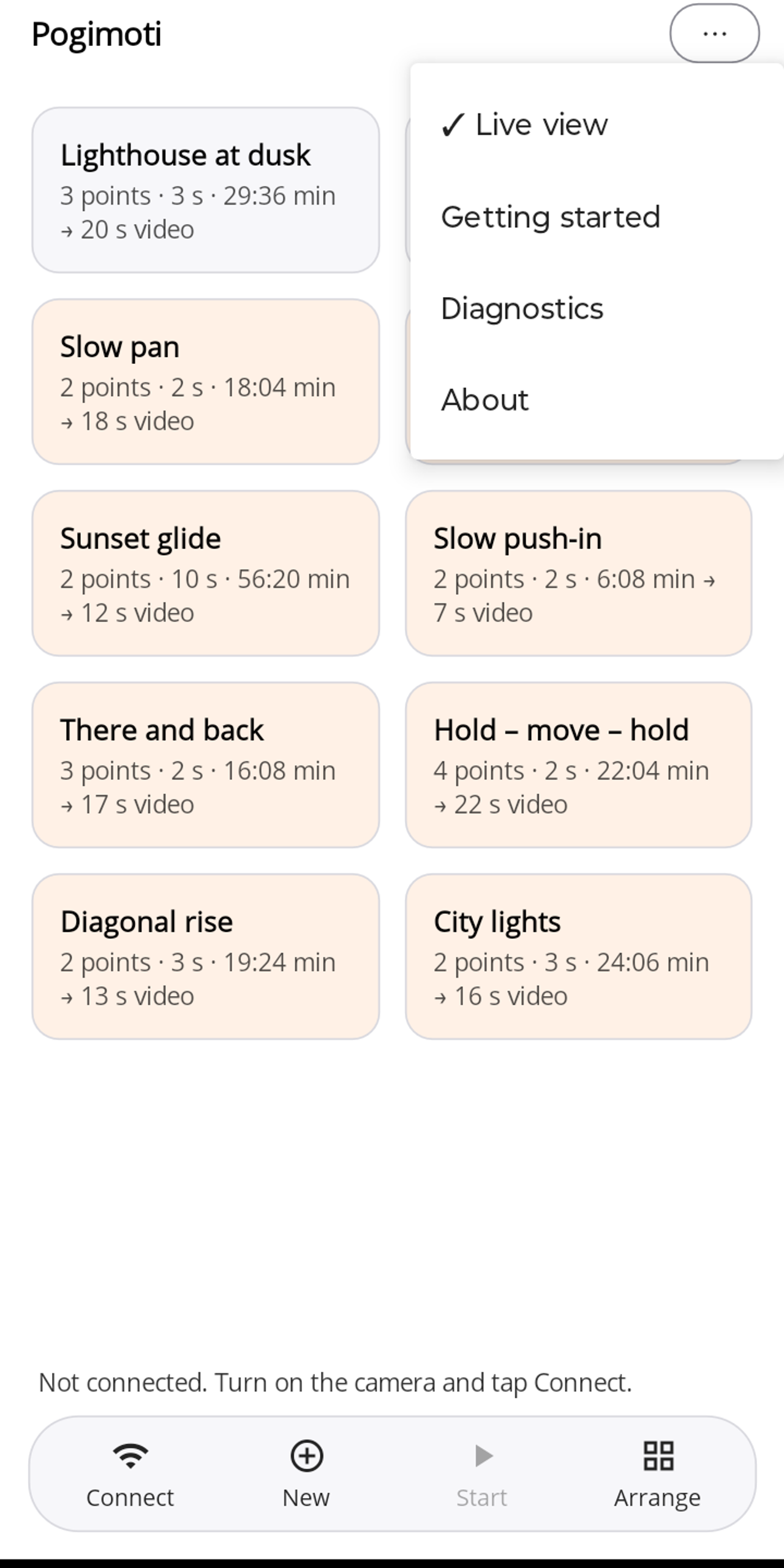 The open ⋯ menu of Pogimoti with the entries Live view (ticked), Getting started, Diagnostics and About.