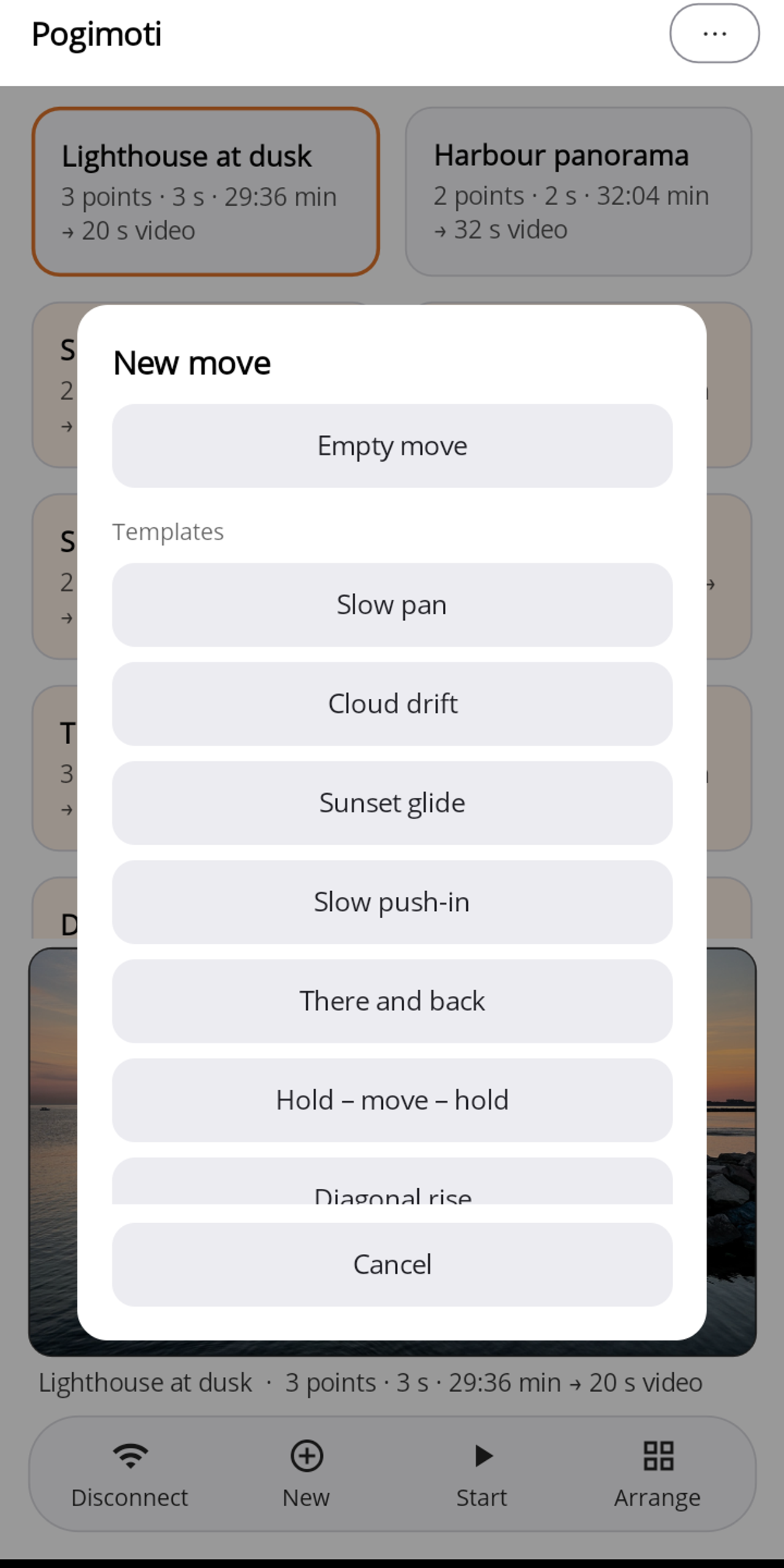 The "New move" dialog in Pogimoti with "Empty move" and below it the templates Slow pan, Cloud drift, Sunset glide, Slow push-in, There and back, Hold – move – hold and Diagonal rise.
