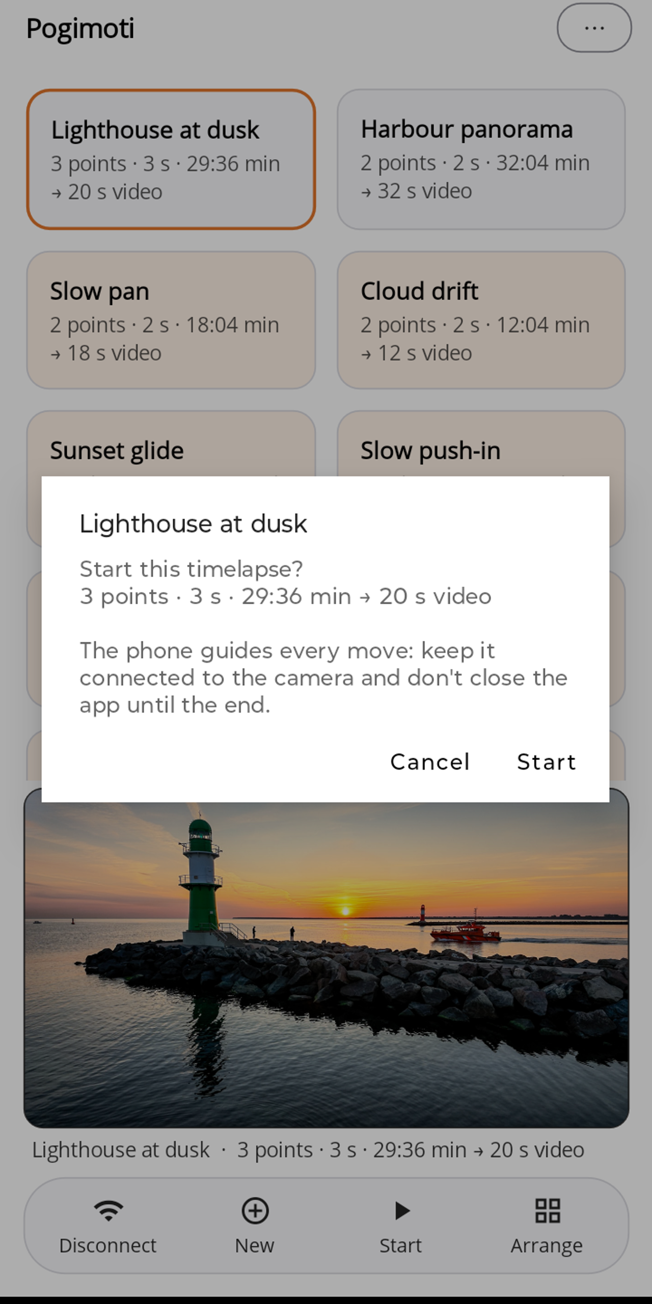 Pogimoti prompt "Lighthouse at dusk: Start this timelapse? 3 points · 3 s · 29:36 min → 20 s video. The phone guides every move: keep it connected to the camera and don't close the app until the end." with the buttons Cancel and Start.