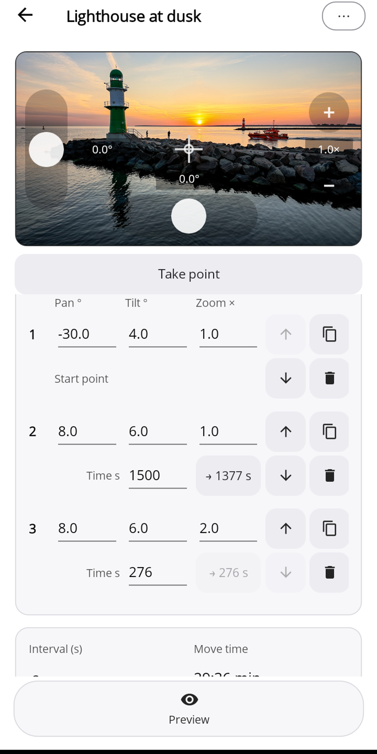 Pogimoti editor for the move "Lighthouse at dusk" with three waypoints: point 1 is the start point, point 2 has the time 1500 s with the suggestion "→ 1377 s" next to it, point 3 zooms to 2.0× and has the time 276 s, its suggestion "→ 276 s" is dimmed; below them interval and move time.