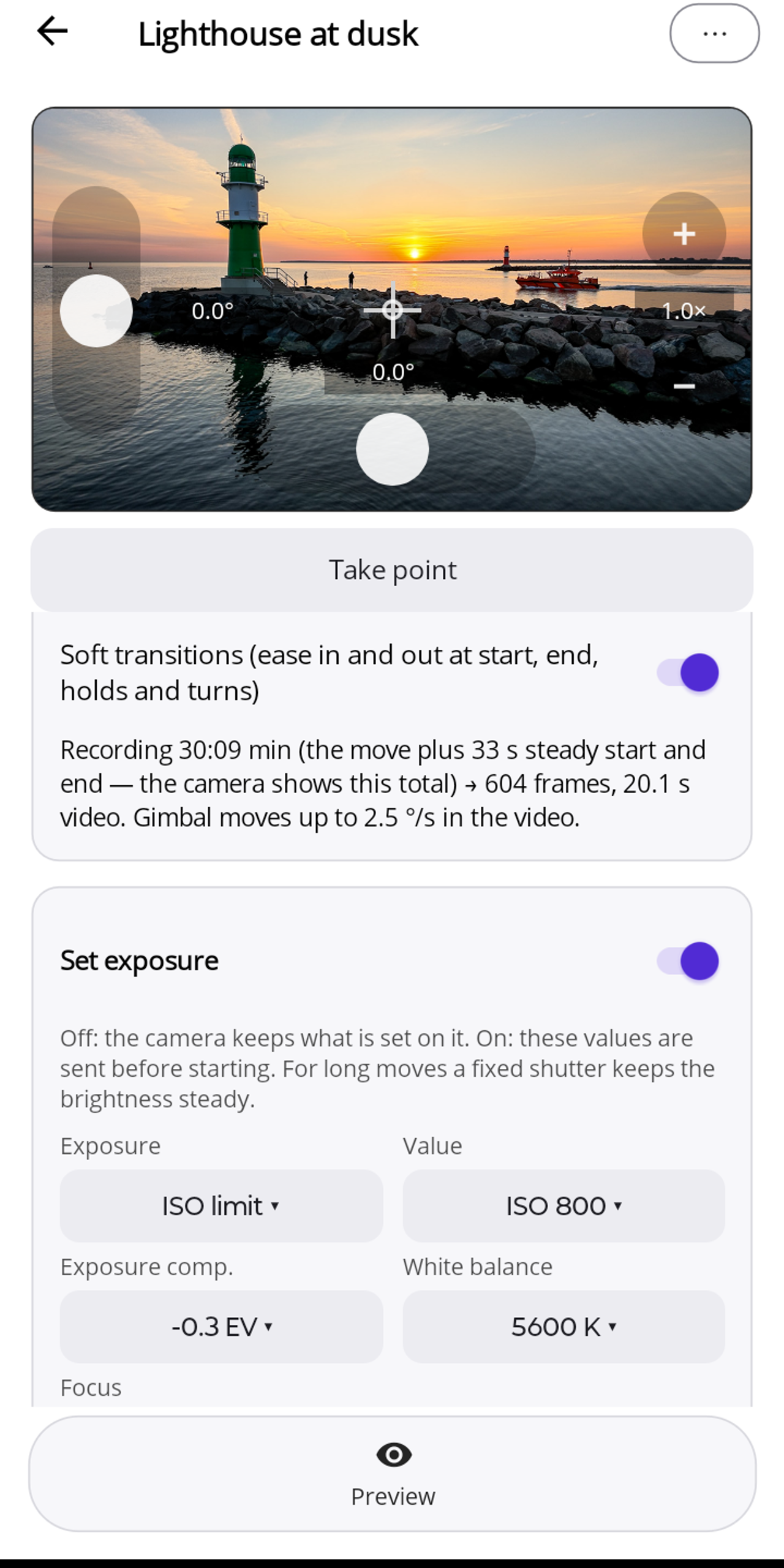 Pogimoti editor with soft transitions switched on, the result line "Recording 30:09 min (the move plus 33 s steady start and end — the camera shows this total) → 604 frames, 20.1 s video. Gimbal moves up to 2.5 °/s in the video." and the "Set exposure" card switched on with ISO limit ISO 800, exposure compensation −0.3 EV and white balance 5600 K.