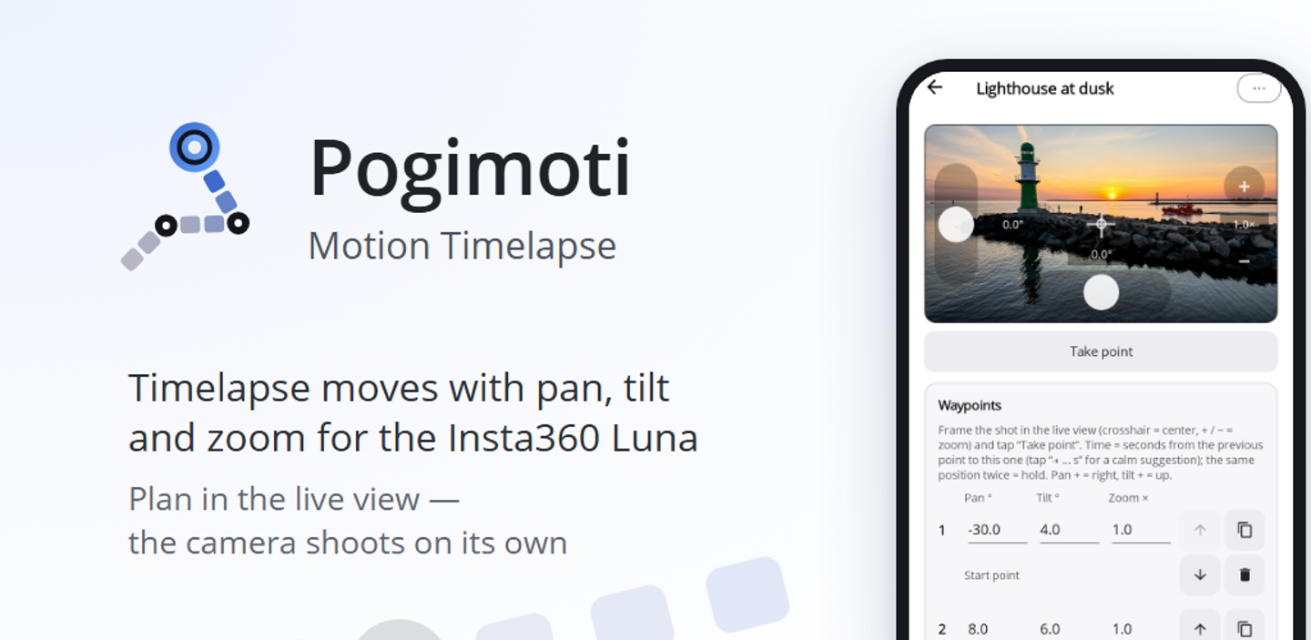 Pogimoti – Motion Timelapse: the app symbol with the line "Timelapse moves with pan, tilt and zoom for the Insta360 Luna" next to the editor with the live view of a lighthouse and the waypoint list.